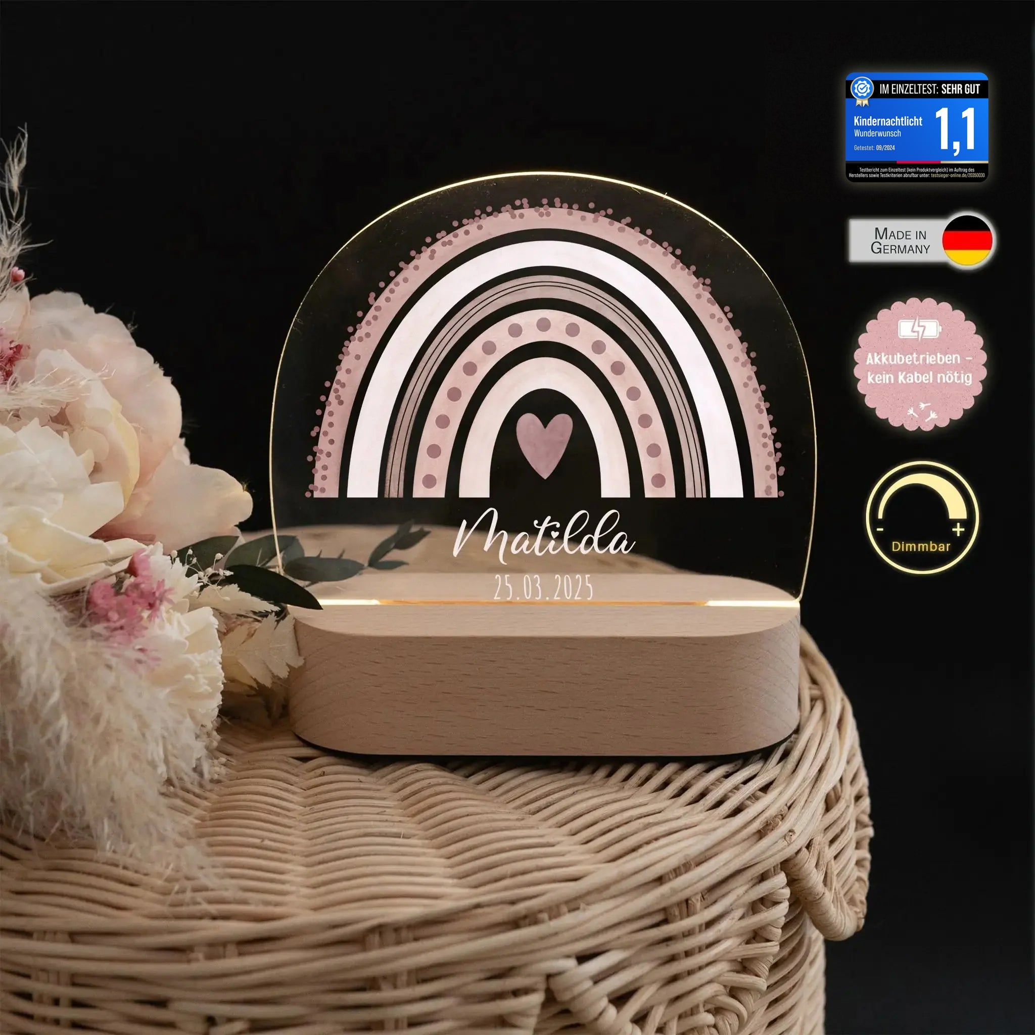 LED Nachtlicht Kinder personalisiert - Regenbogen Punkte Aquarell - wunderwunsch