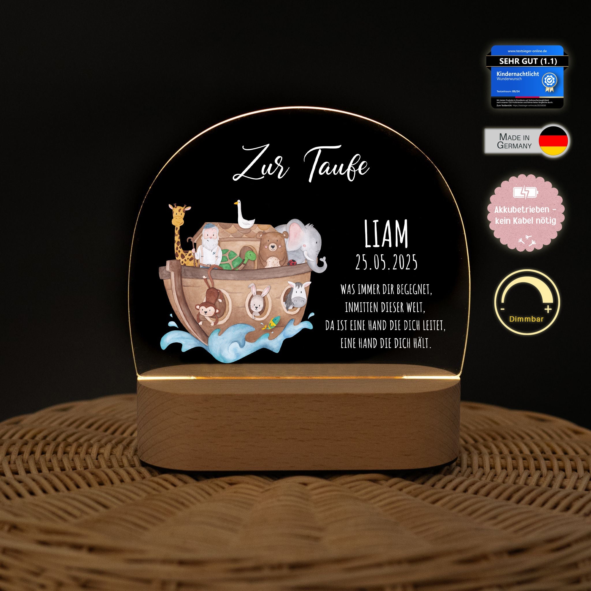 LED Nachtlicht Kinder personalisiert - Taufe Arche Noah Aquarell - wunderwunsch