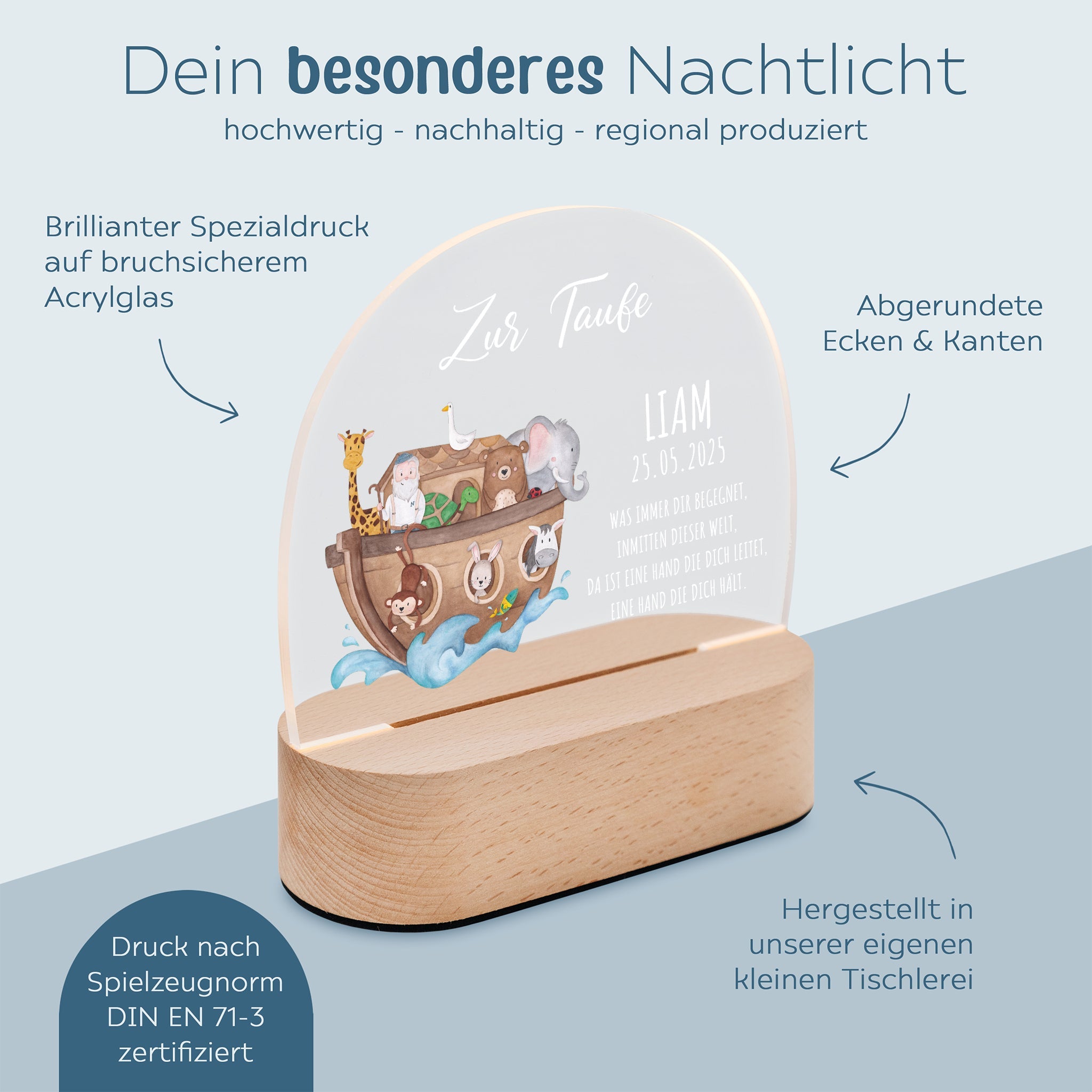 LED Nachtlicht Kinder personalisiert - Taufe Arche Noah Aquarell - wunderwunsch