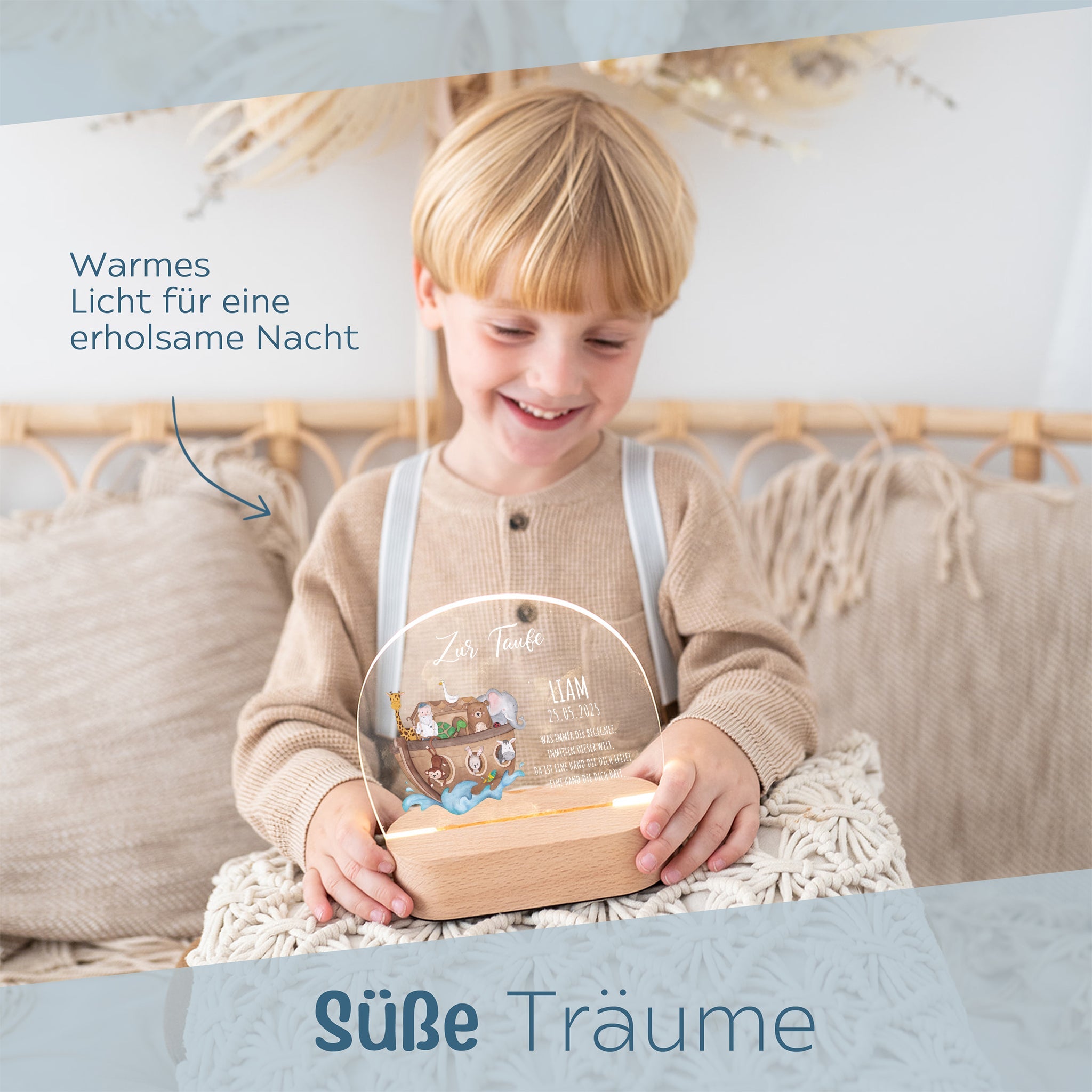 LED Nachtlicht Kinder personalisiert - Taufe Arche Noah Aquarell - wunderwunsch