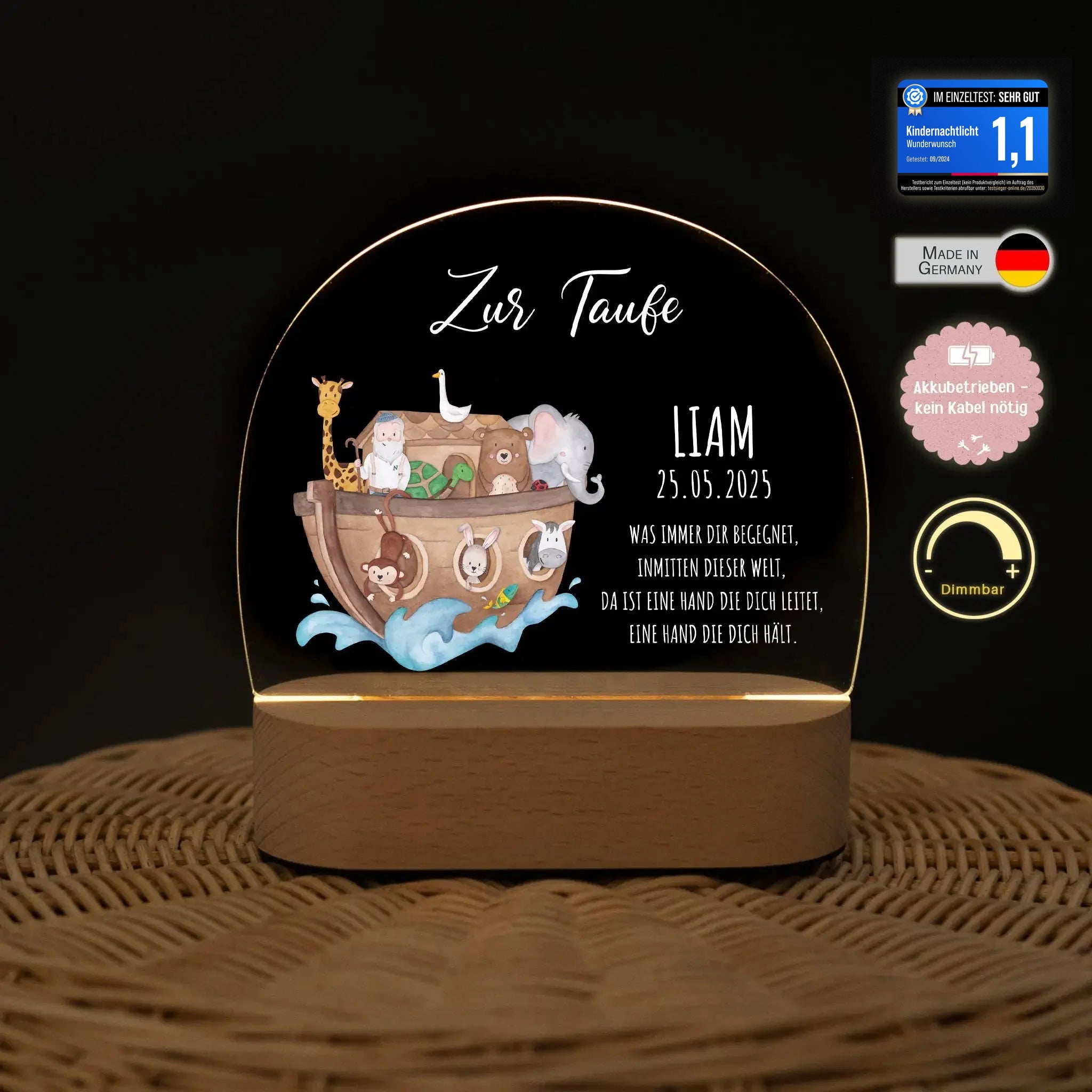 LED Nachtlicht Kinder personalisiert - Taufe Arche Noah Aquarell - wunderwunsch