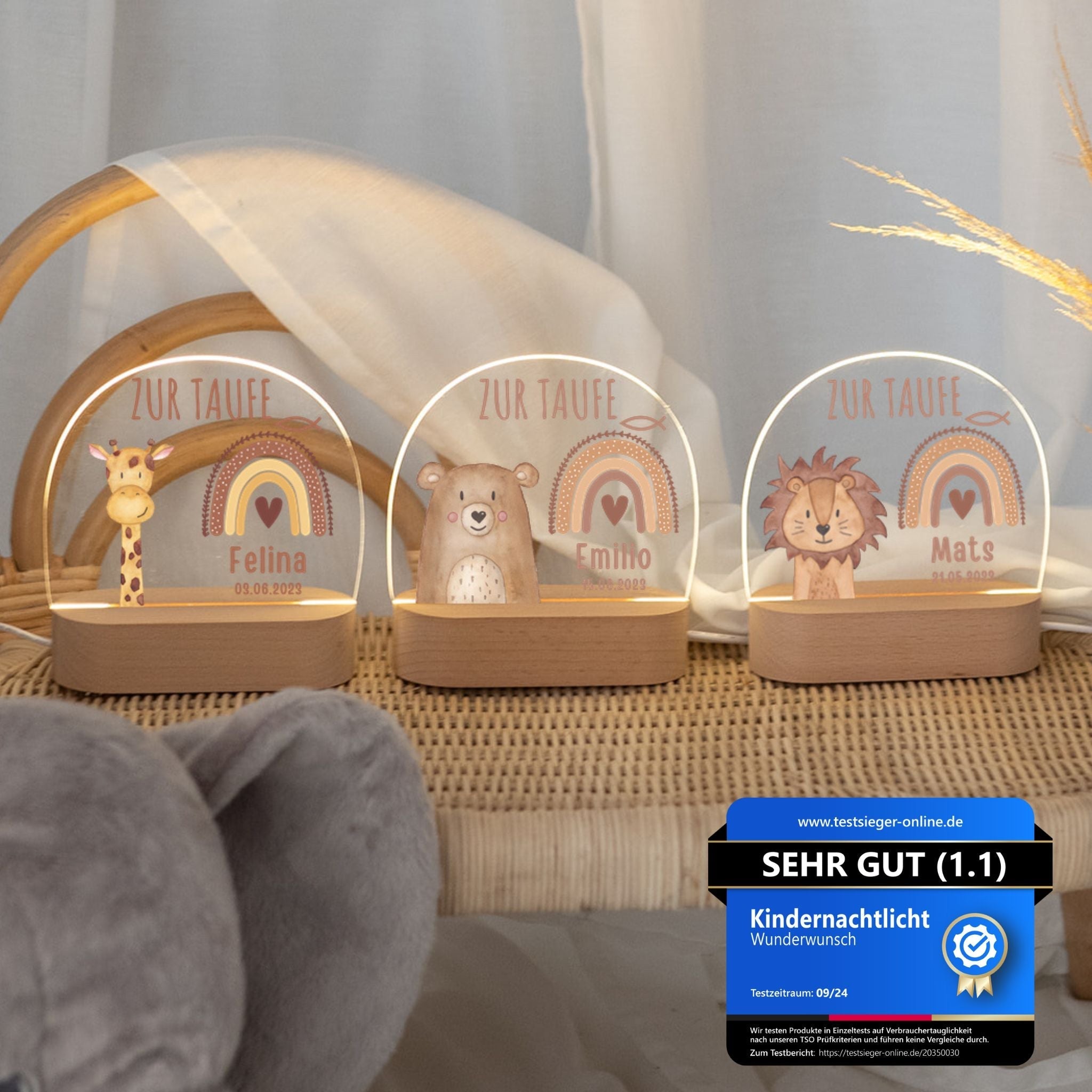 LED Nachtlicht Kinder personalisiert - Taufe Tier Aquarell - wunderwunsch