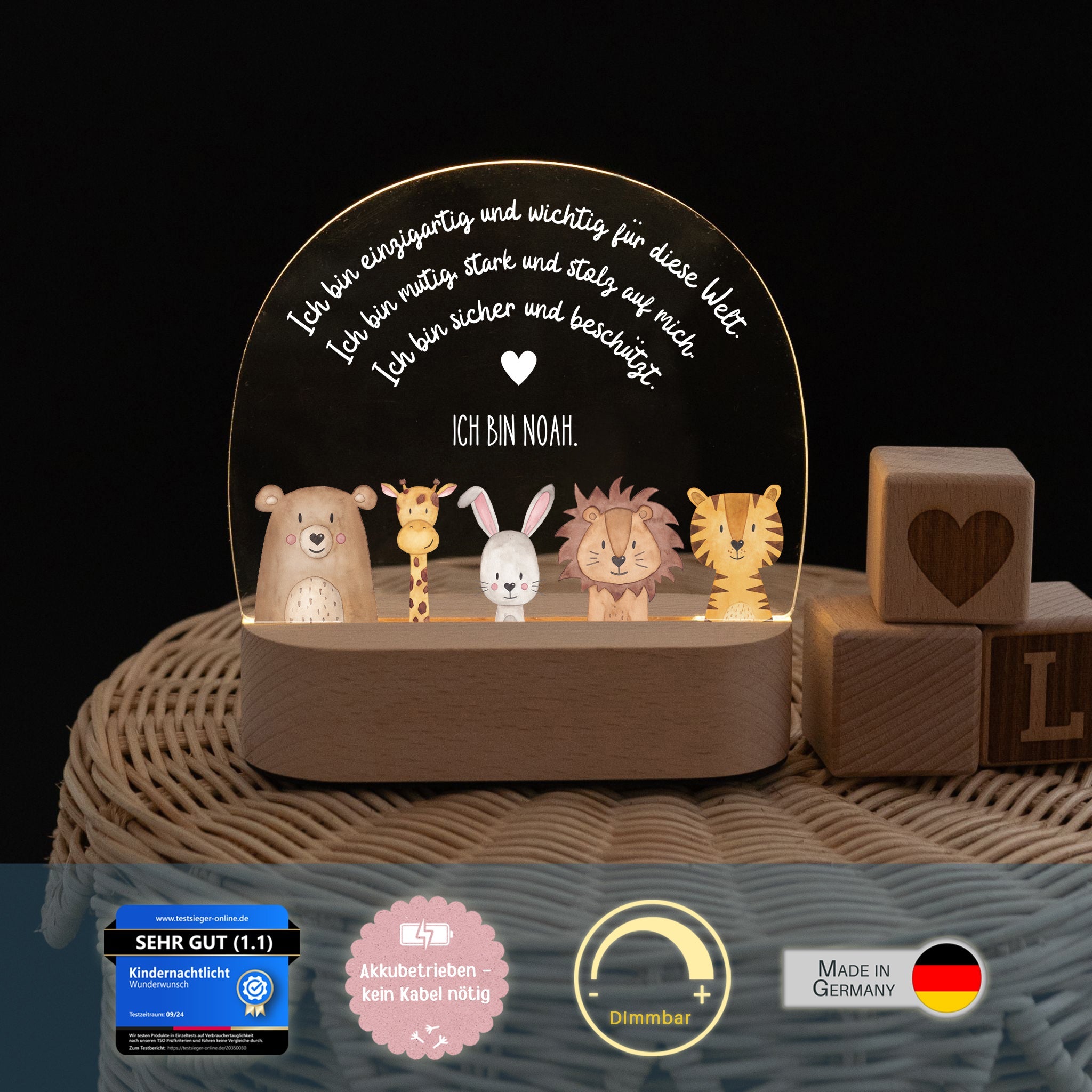 LED Nachtlicht Kinder personalisiert - Tiere Affirmationen Aquarell - wunderwunsch