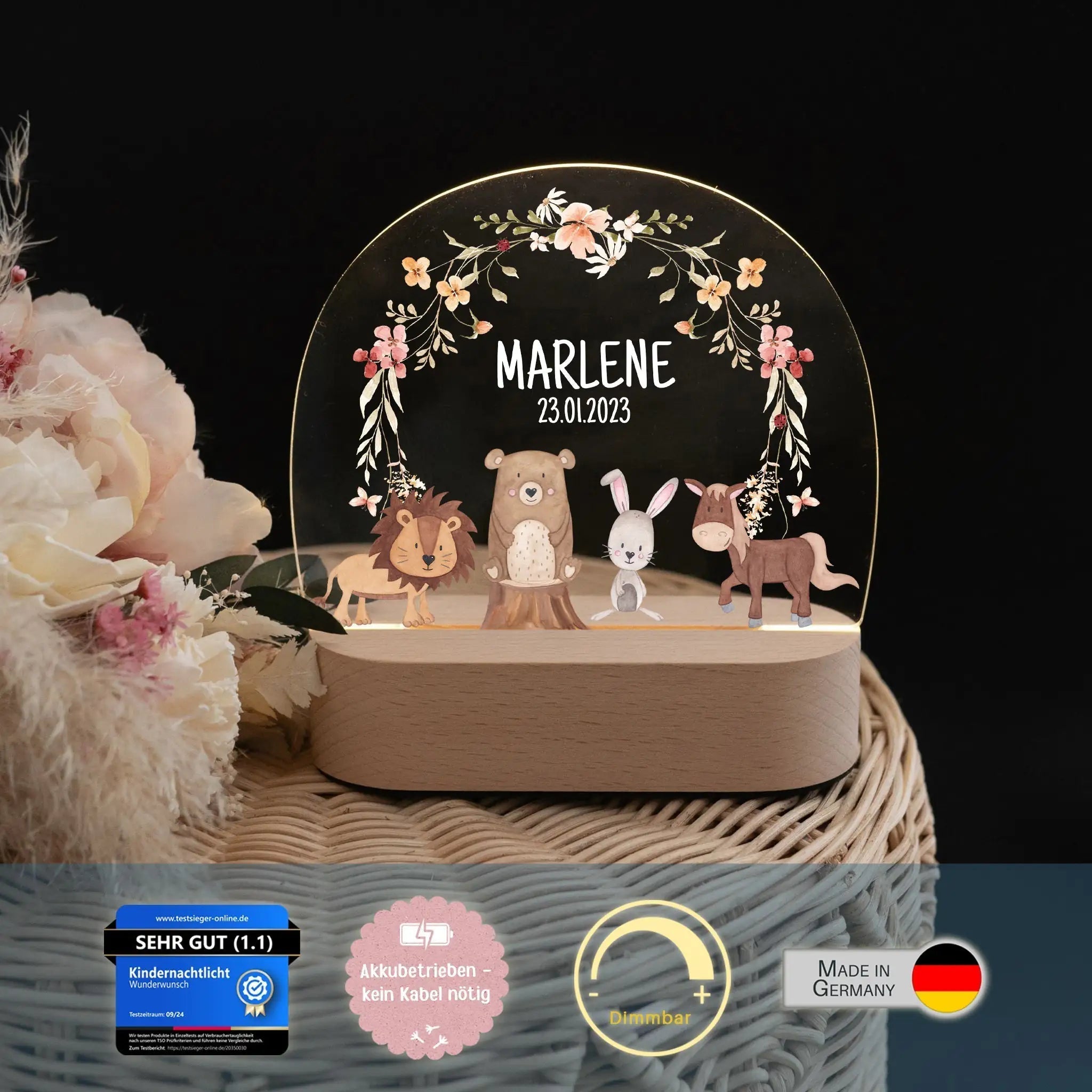 LED Nachtlicht Kinder personalisiert - Tiere Blumenkreis rosa Aquarell - wunderwunsch