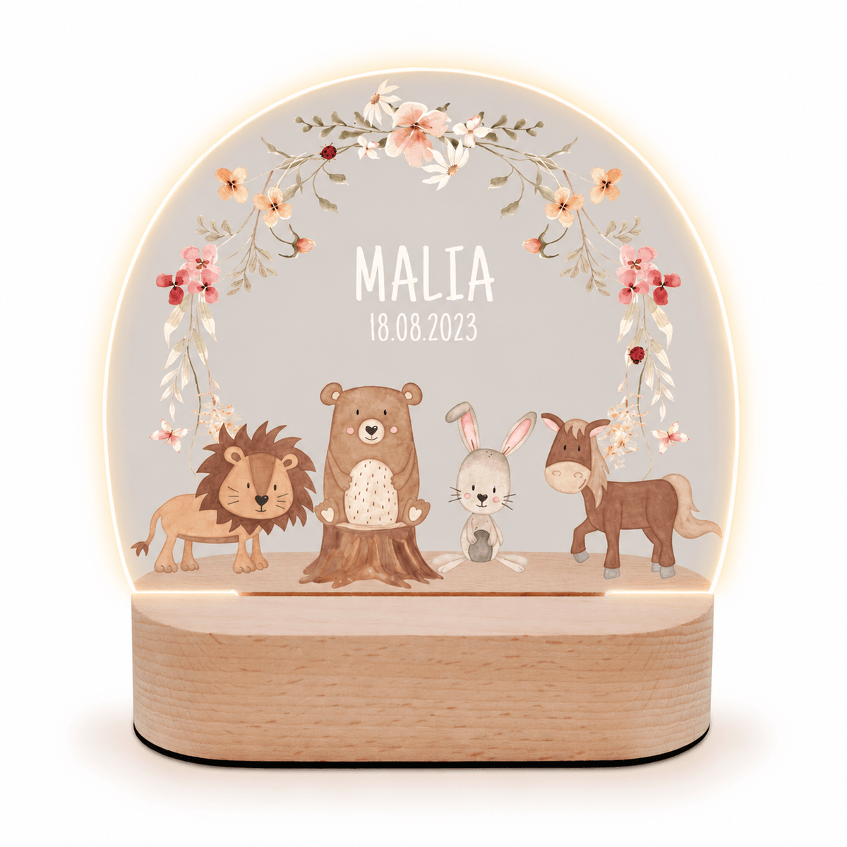 LED Nachtlicht Kinder personalisiert - Tiere Blumenkreis rosa Aquarell - wunderwunsch