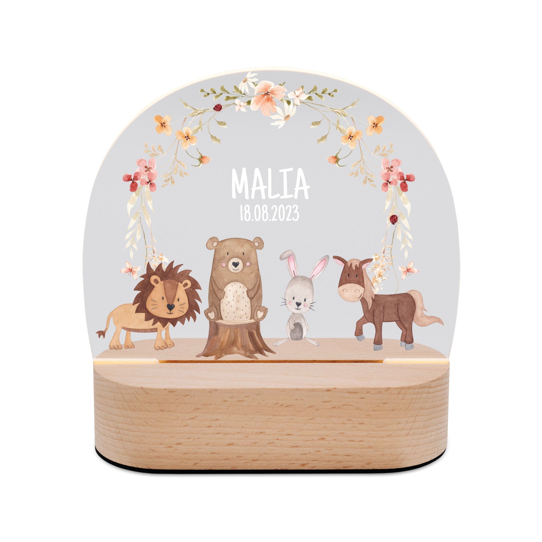 LED Nachtlicht Kinder personalisiert - Tiere Blumenkreis rosa Aquarell - wunderwunsch