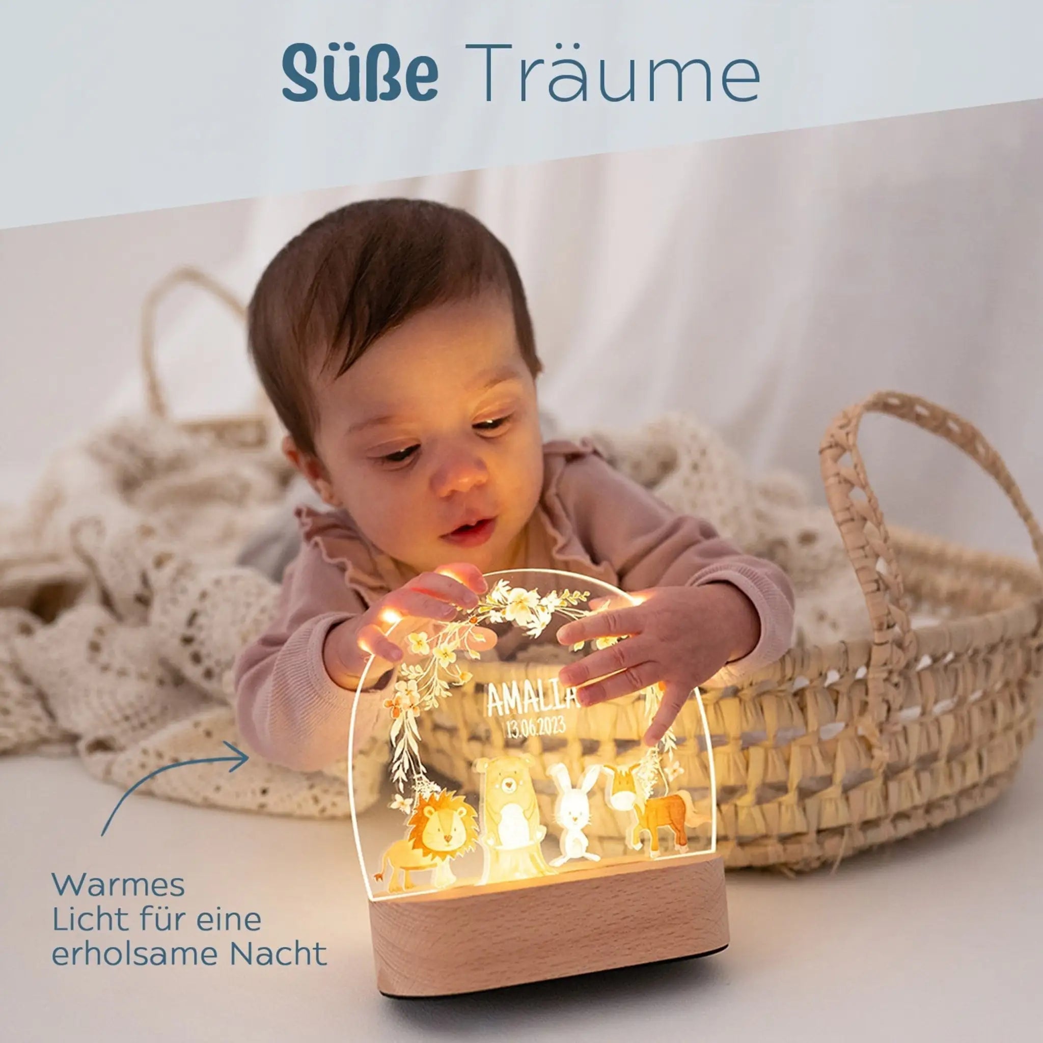 LED Nachtlicht Kinder personalisiert - Tiere Blumenkreis rosa Aquarell - wunderwunsch