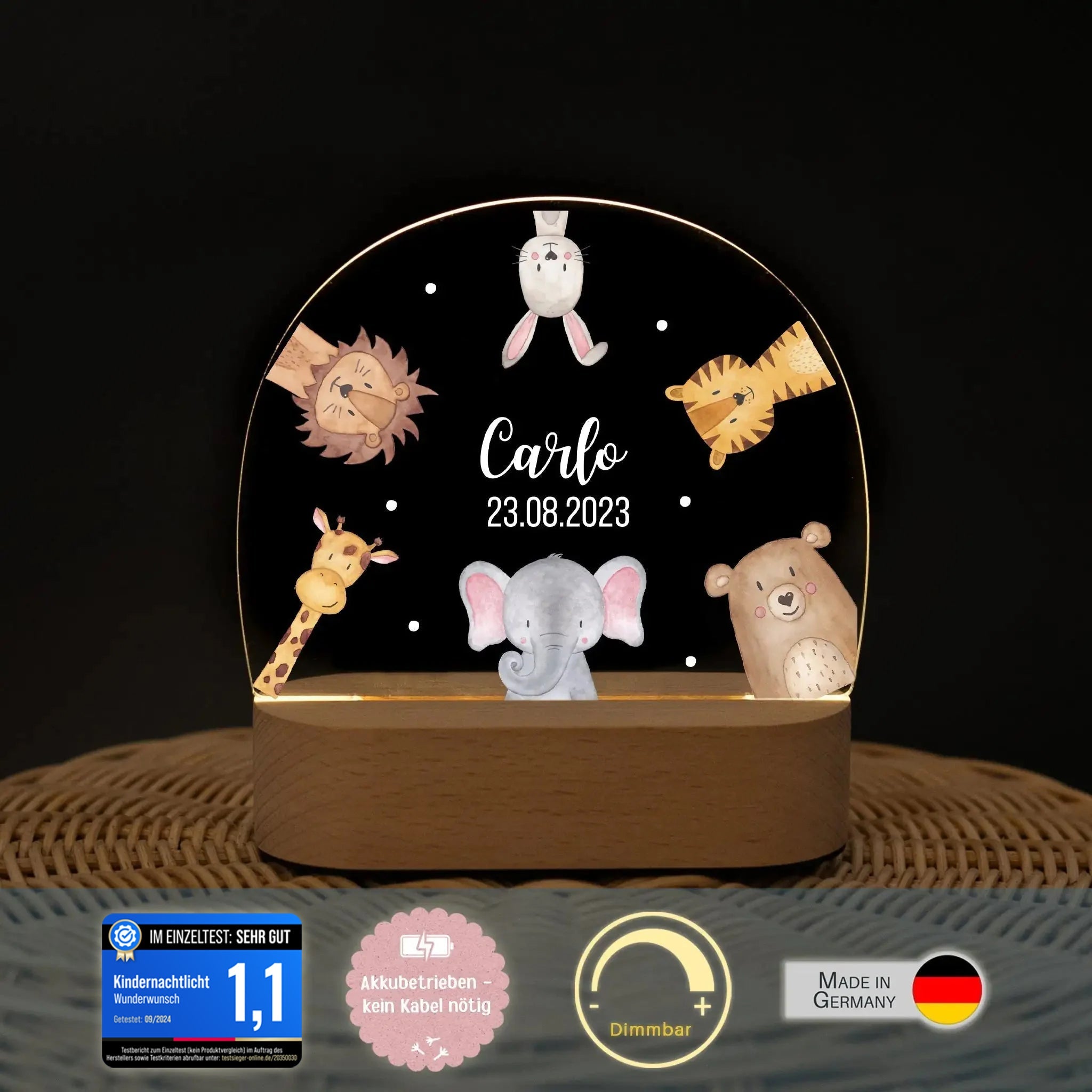 LED Nachtlicht Kinder personalisiert - Tiere im Kreis Aquarell - wunderwunsch
