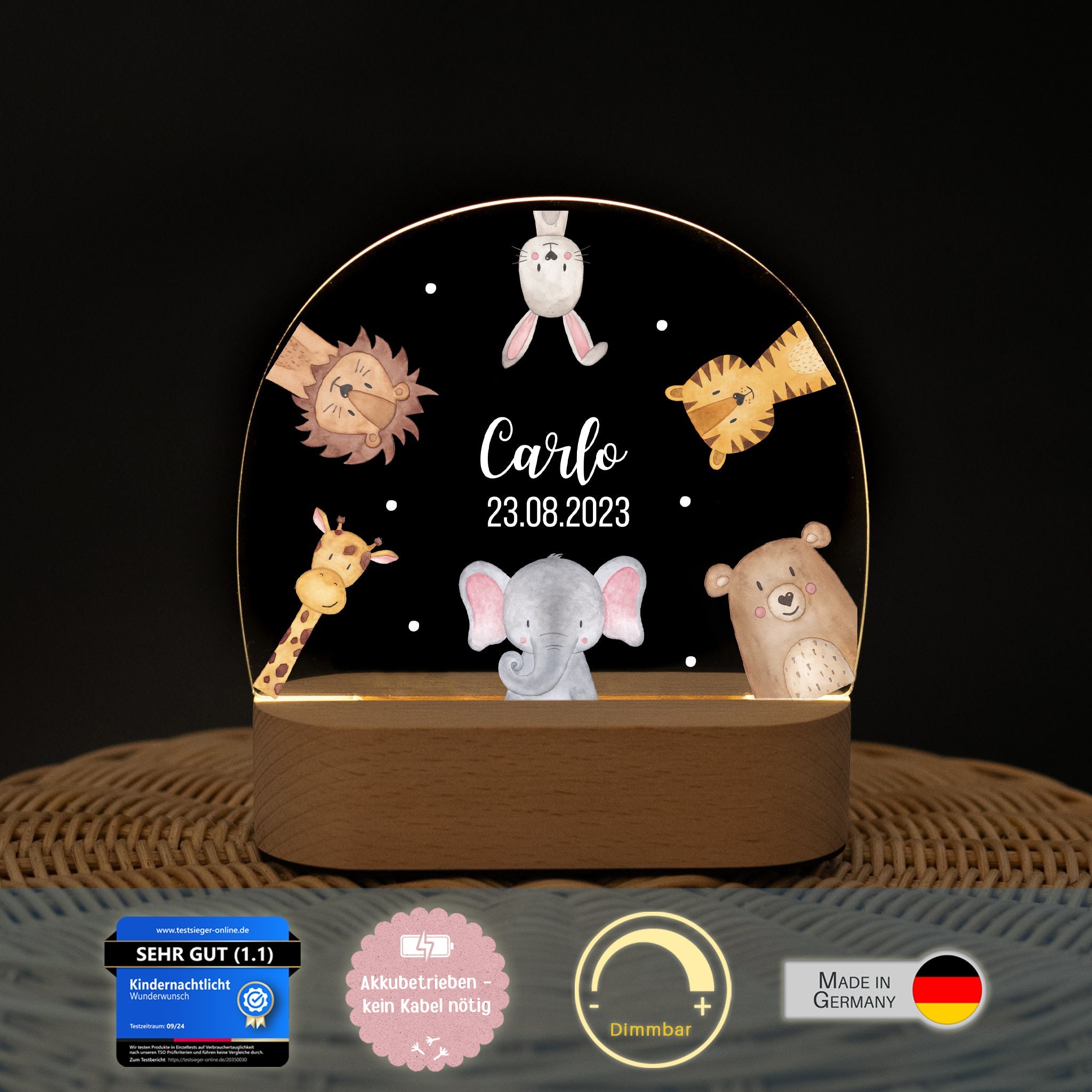 LED Nachtlicht Kinder personalisiert - Tiere im Kreis Aquarell - wunderwunsch