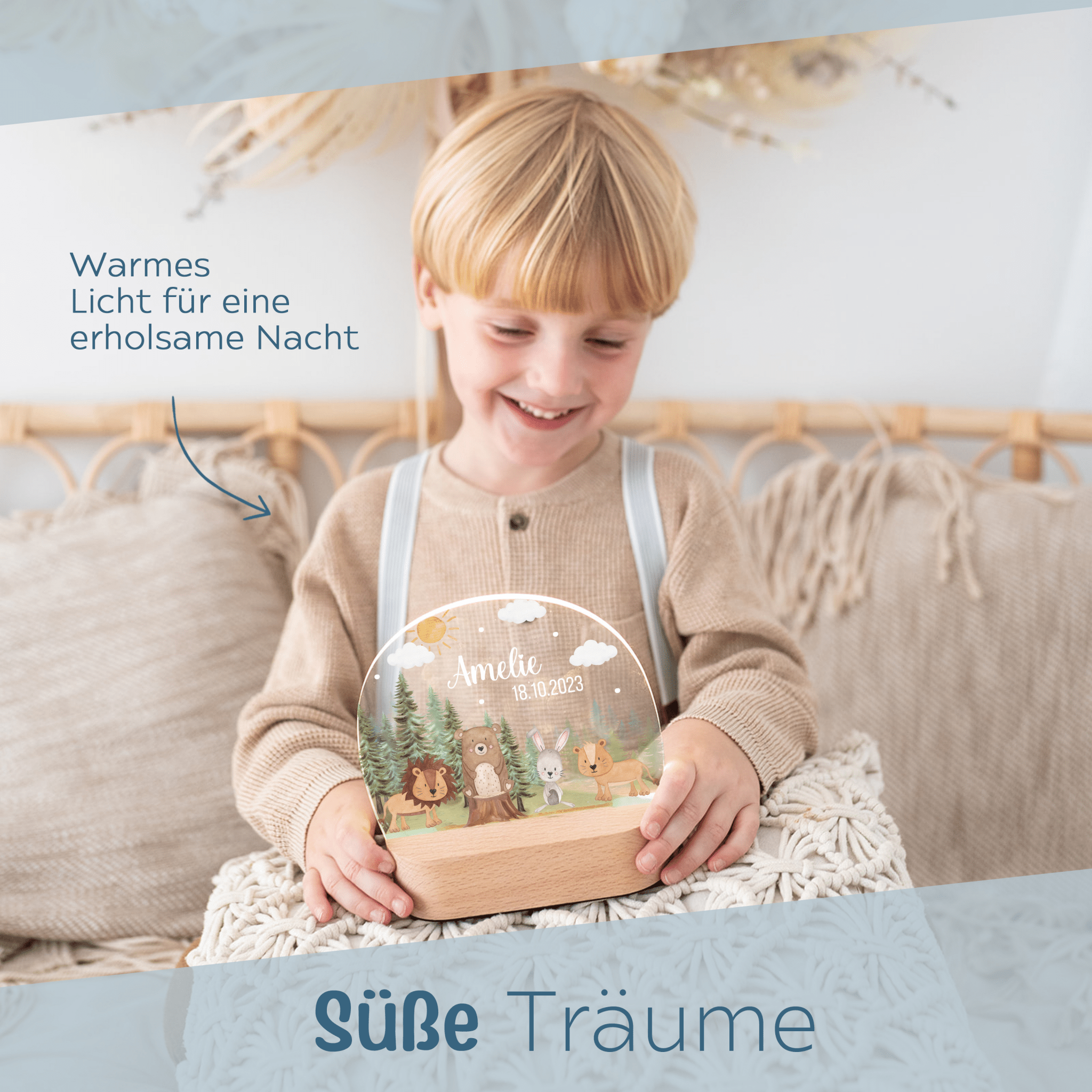 LED Nachtlicht Kinder personalisiert - Tiere Nadelwald Aquarell - wunderwunsch