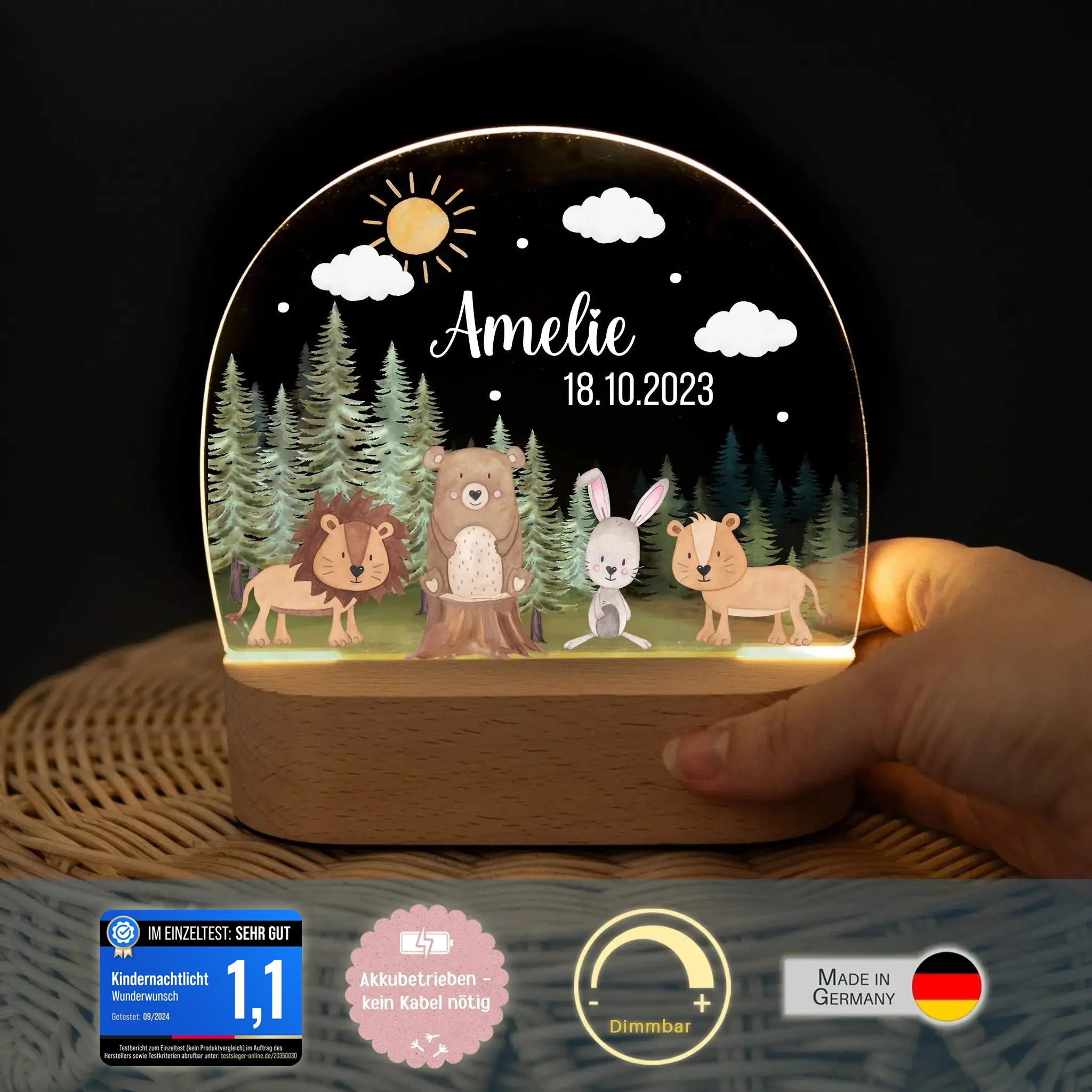 LED Nachtlicht Kinder personalisiert - Tiere Nadelwald Aquarell - wunderwunsch