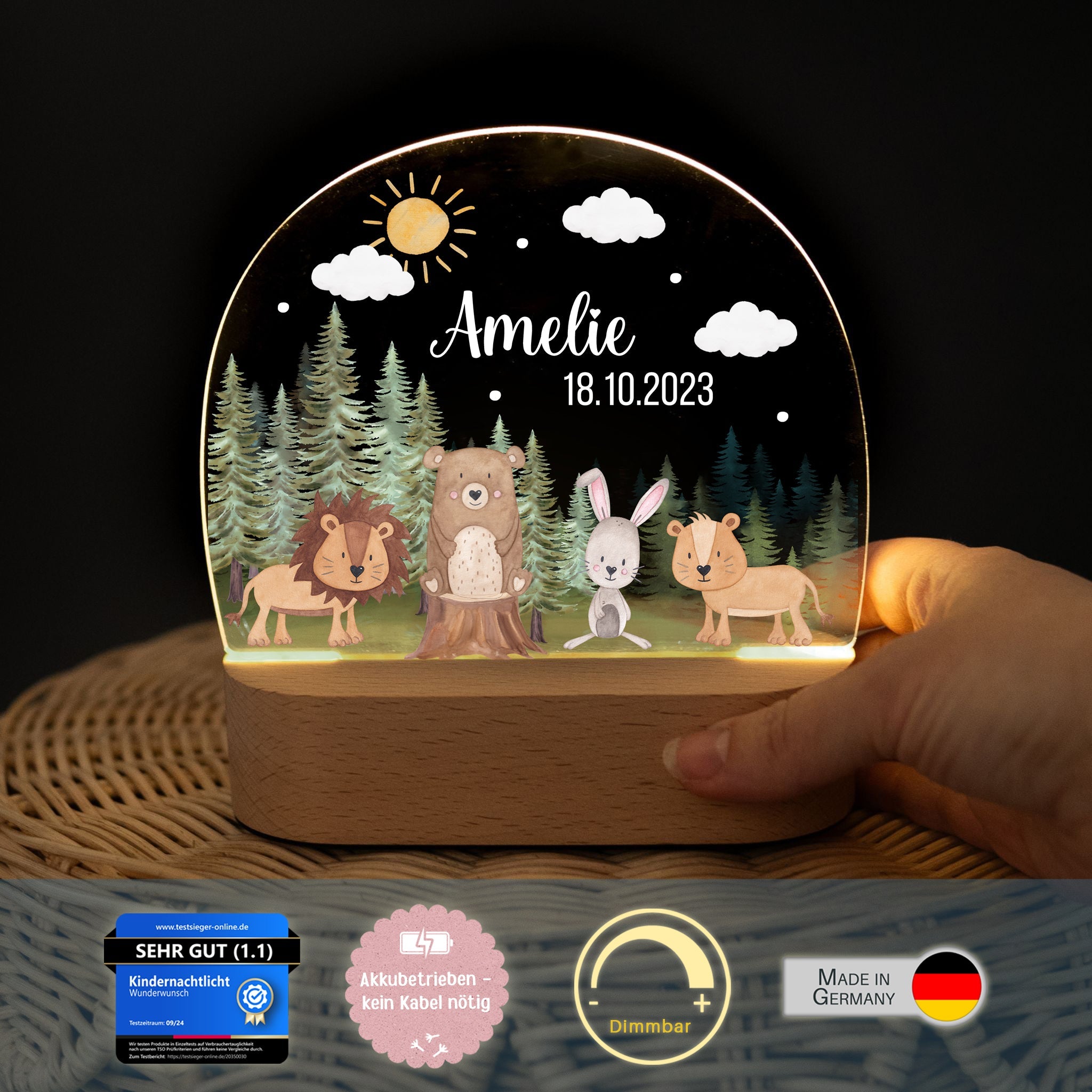 LED Nachtlicht Kinder personalisiert - Tiere Nadelwald Aquarell - wunderwunsch