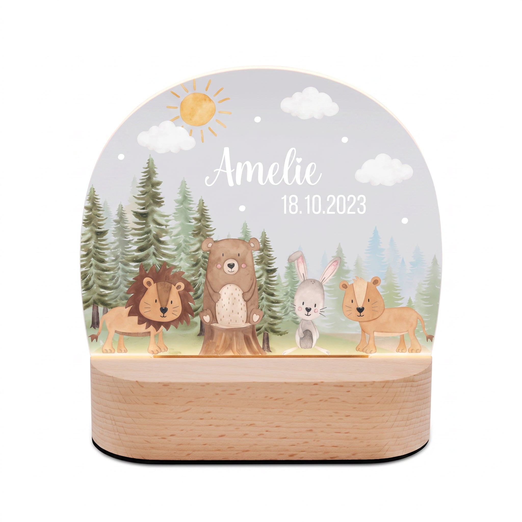 LED Nachtlicht Kinder personalisiert - Tiere Nadelwald Aquarell - wunderwunsch