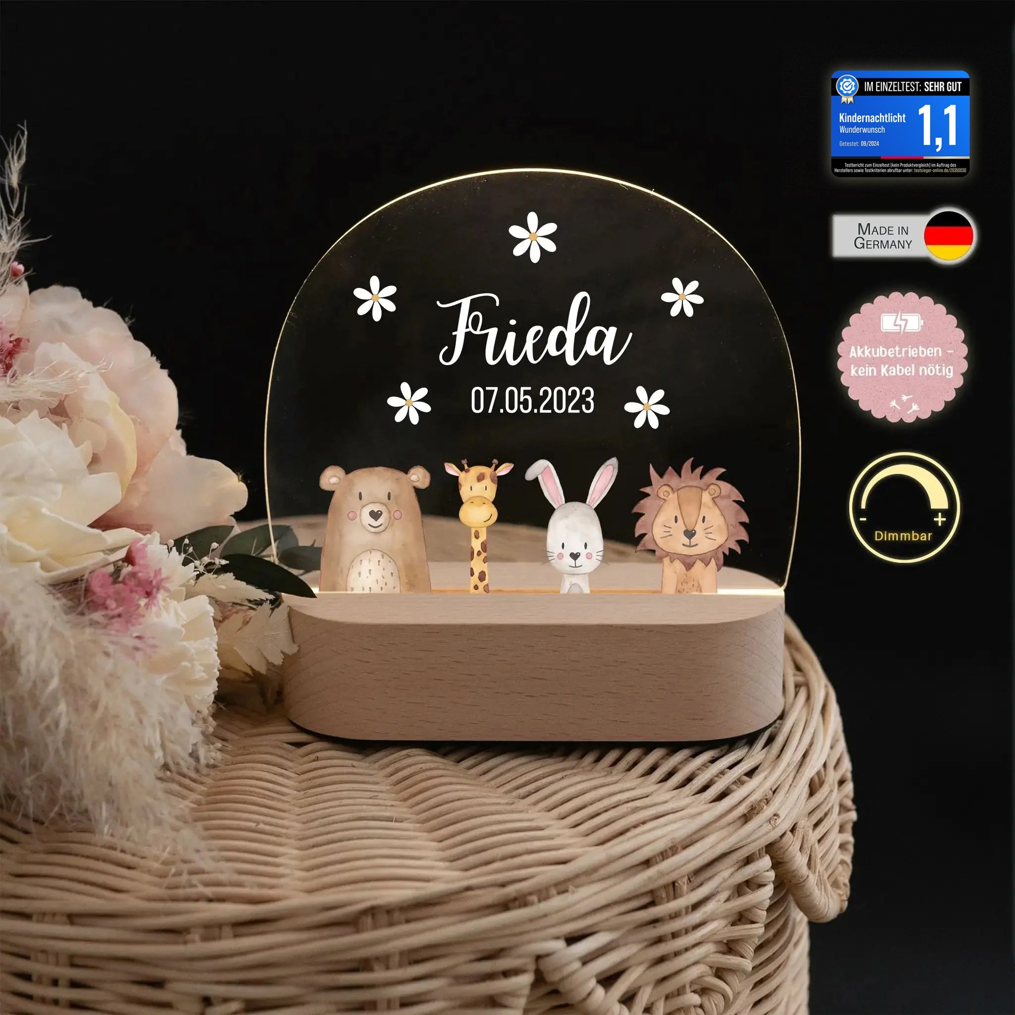 LED Nachtlicht Kinder personalisiert - Tiere unten Blümchen - wunderwunsch