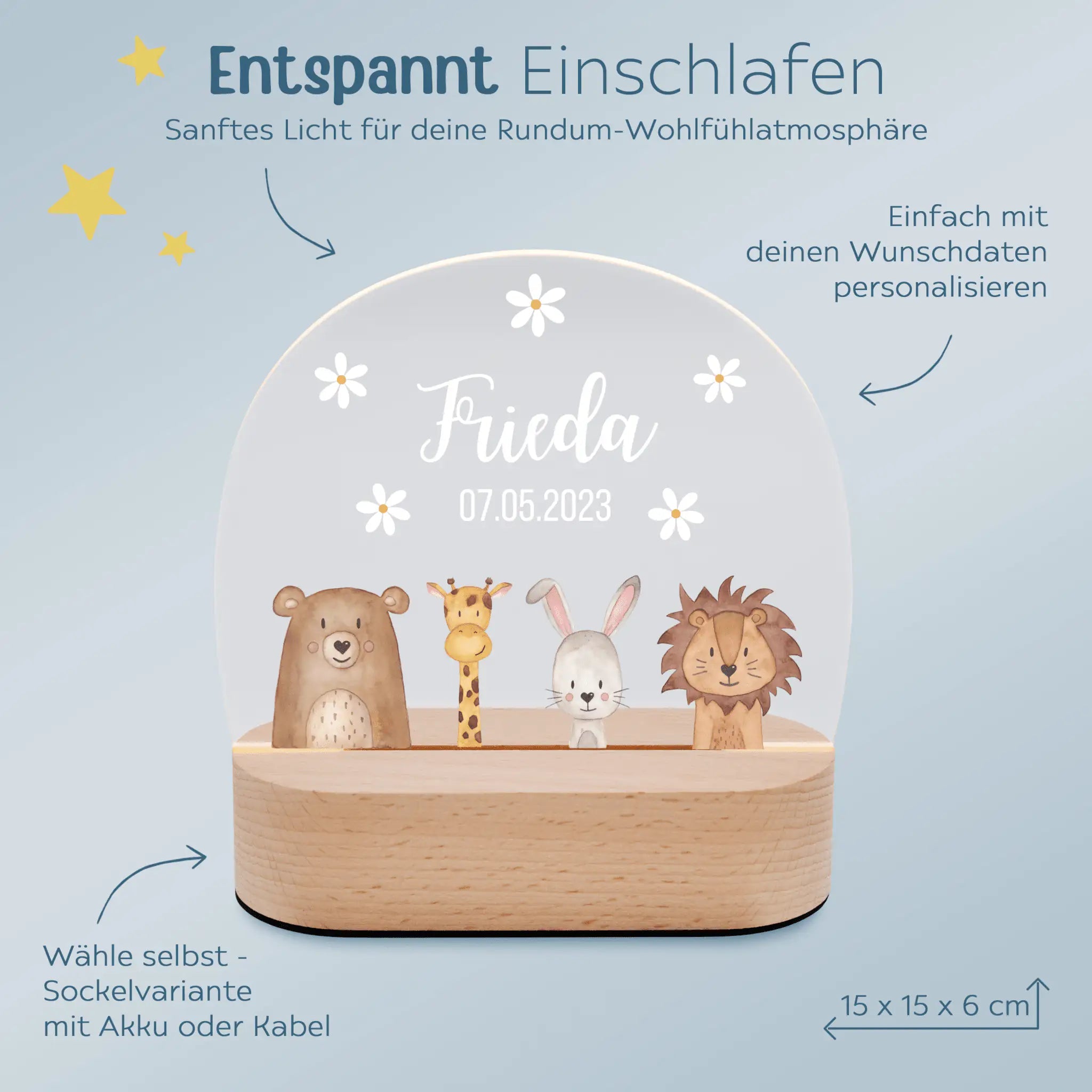 LED Nachtlicht Kinder personalisiert - Tiere unten Blümchen - wunderwunsch
