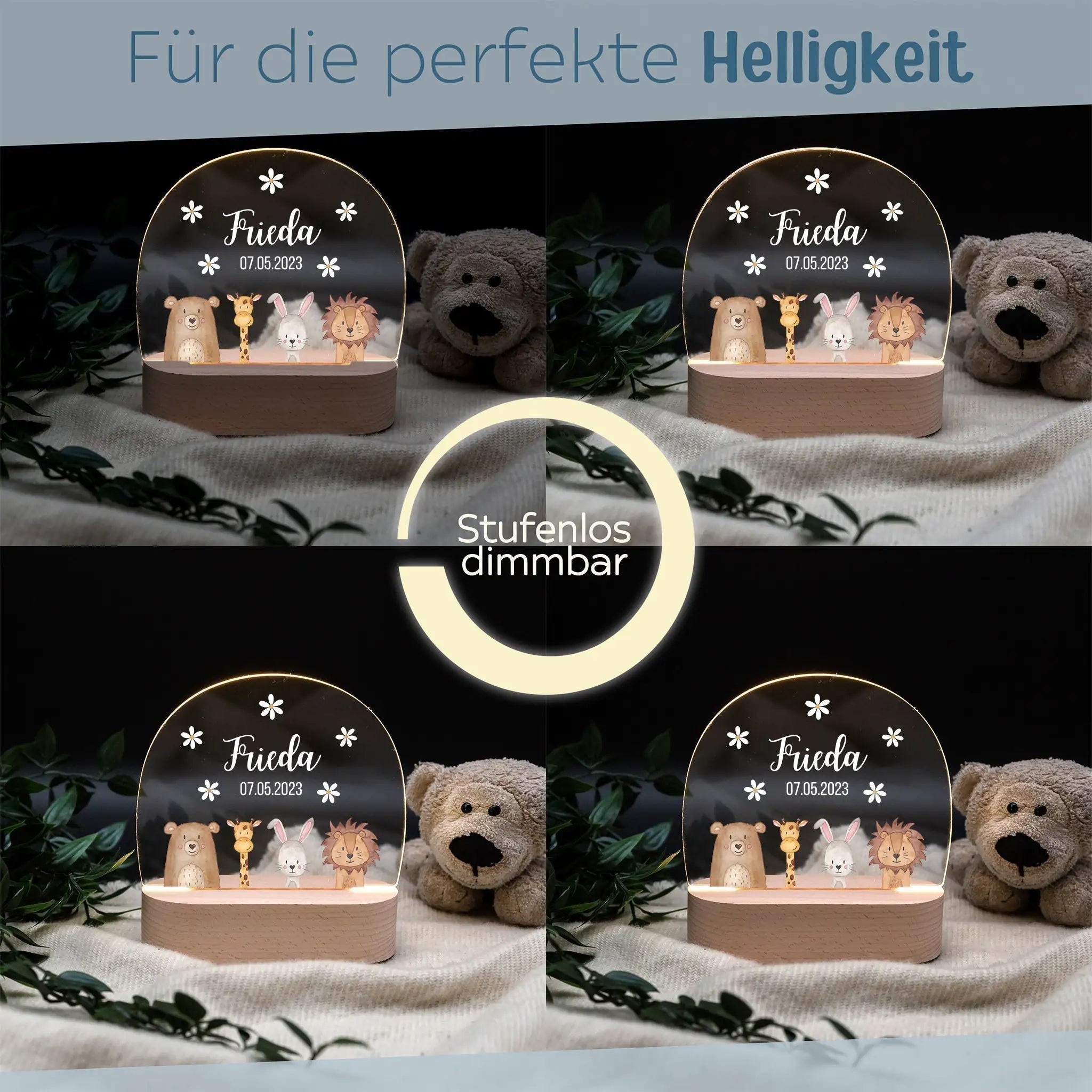 LED Nachtlicht Kinder personalisiert - Tiere unten Blümchen - wunderwunsch