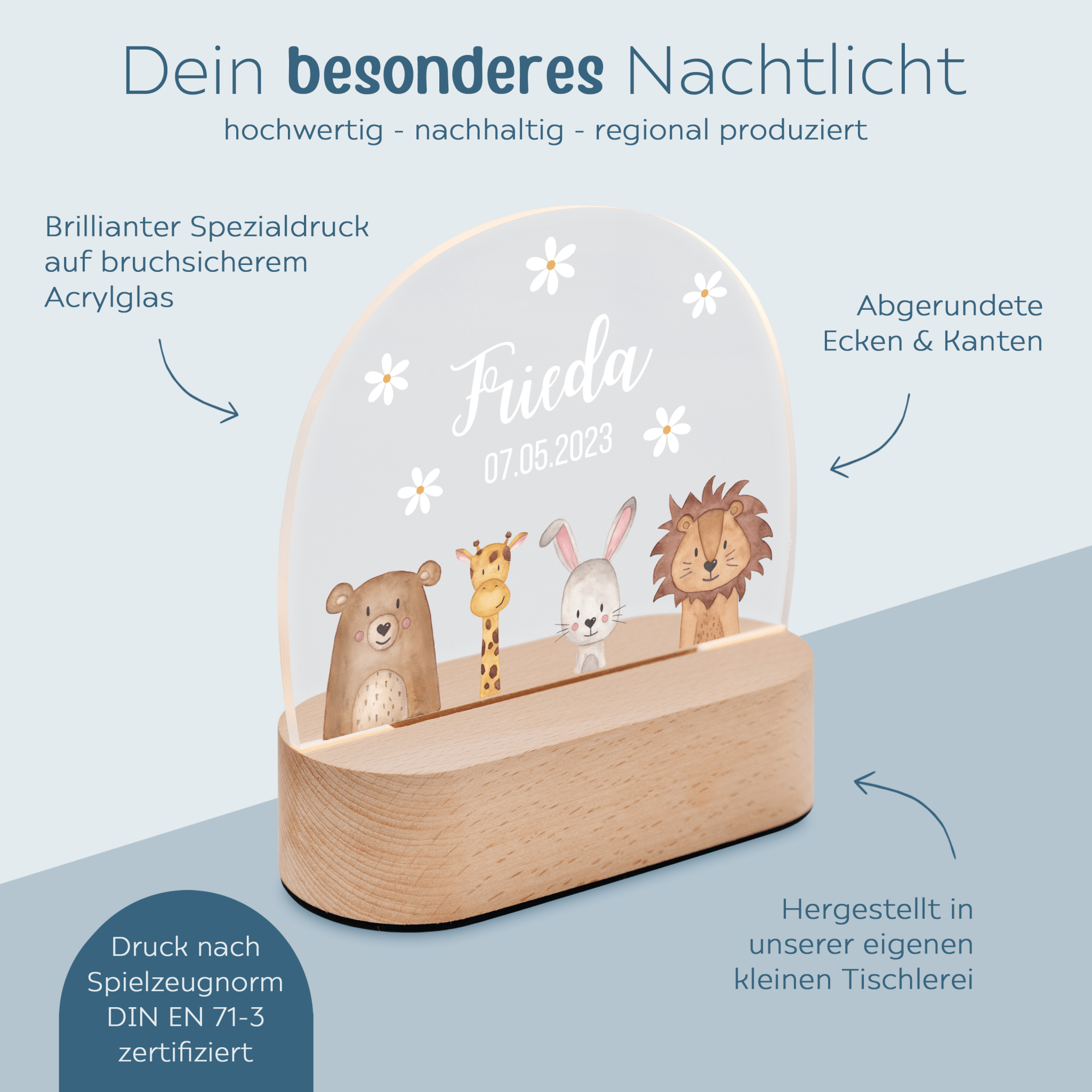 LED Nachtlicht Kinder personalisiert - Tiere unten Blümchen - wunderwunsch