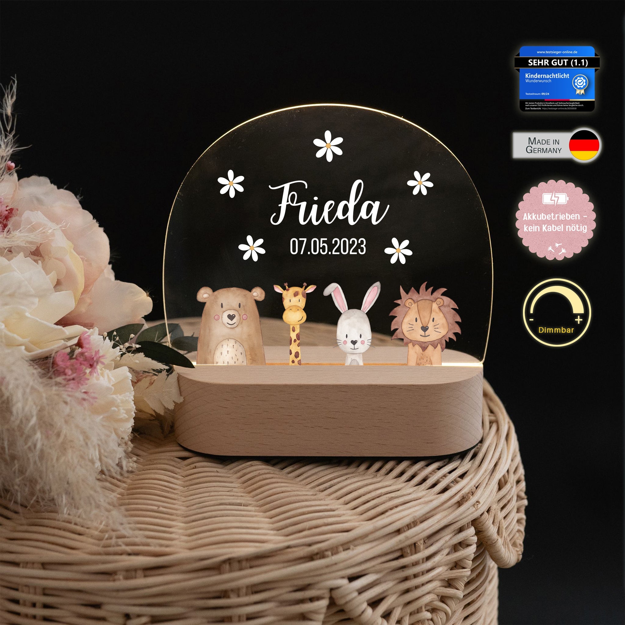 LED Nachtlicht Kinder personalisiert - Tiere unten Blümchen - wunderwunsch
