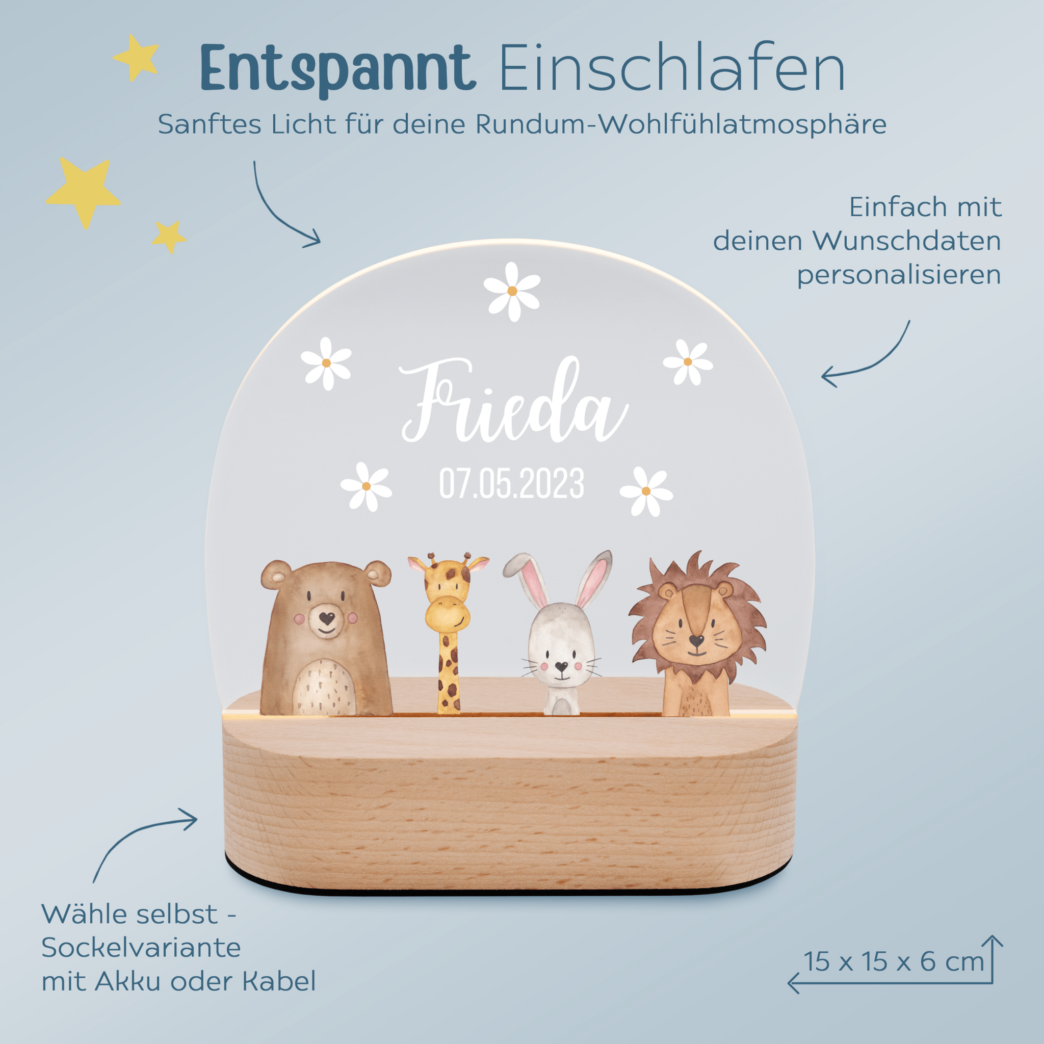LED Nachtlicht Kinder personalisiert - Tiere unten Blümchen - wunderwunsch