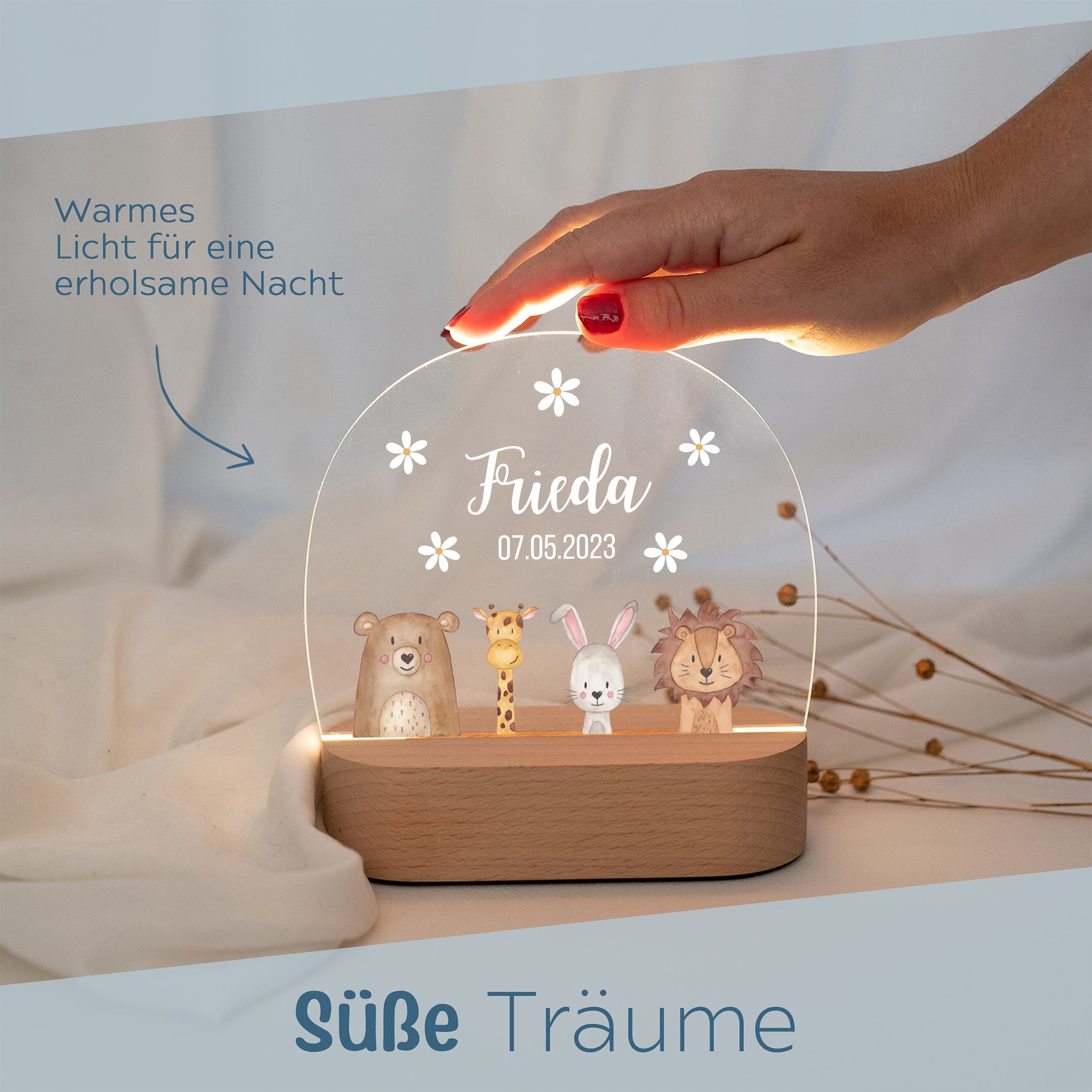 LED Nachtlicht Kinder personalisiert - Tiere unten Blümchen - wunderwunsch