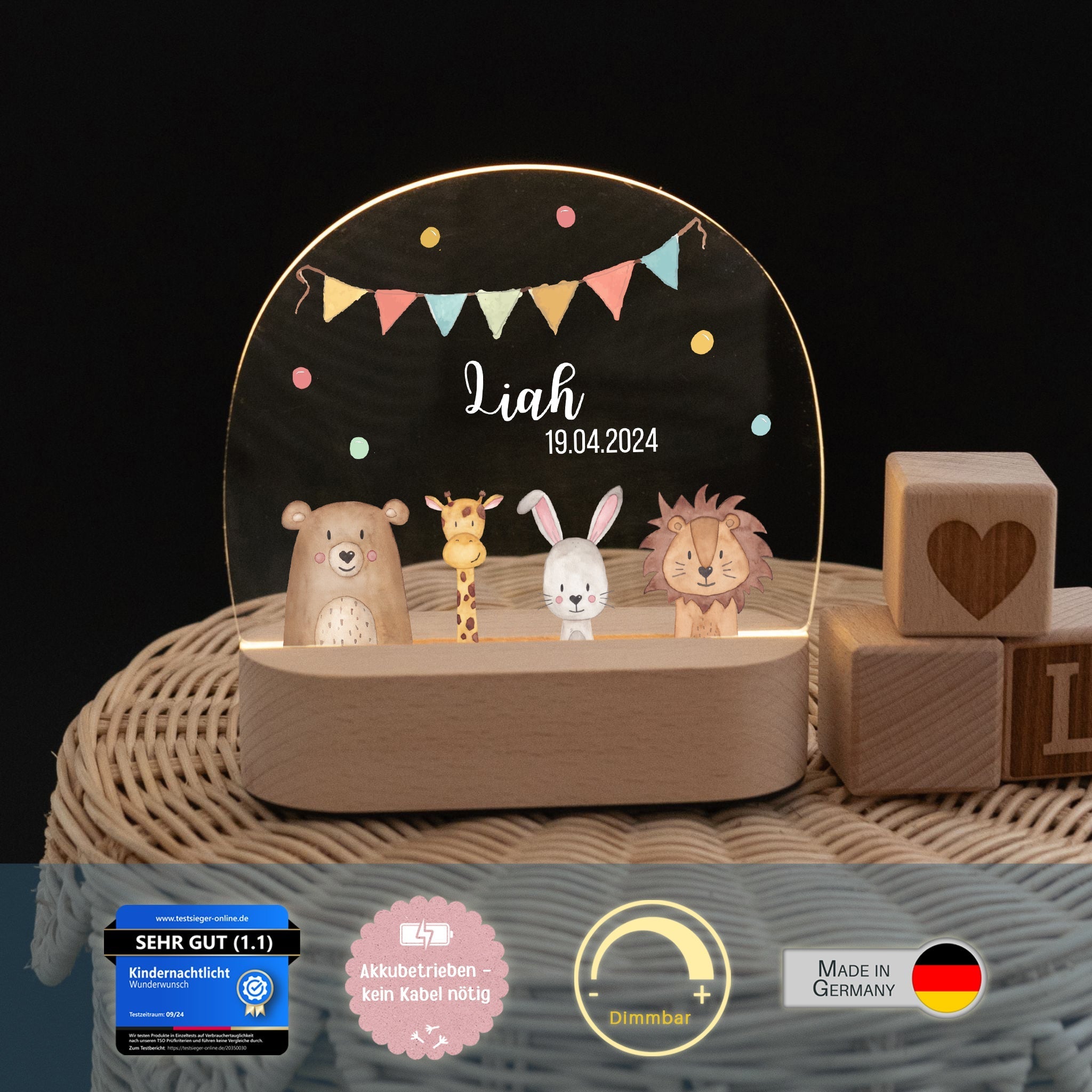 LED Nachtlicht Kinder personalisiert - Tiere unten Girlande Aquarell - wunderwunsch