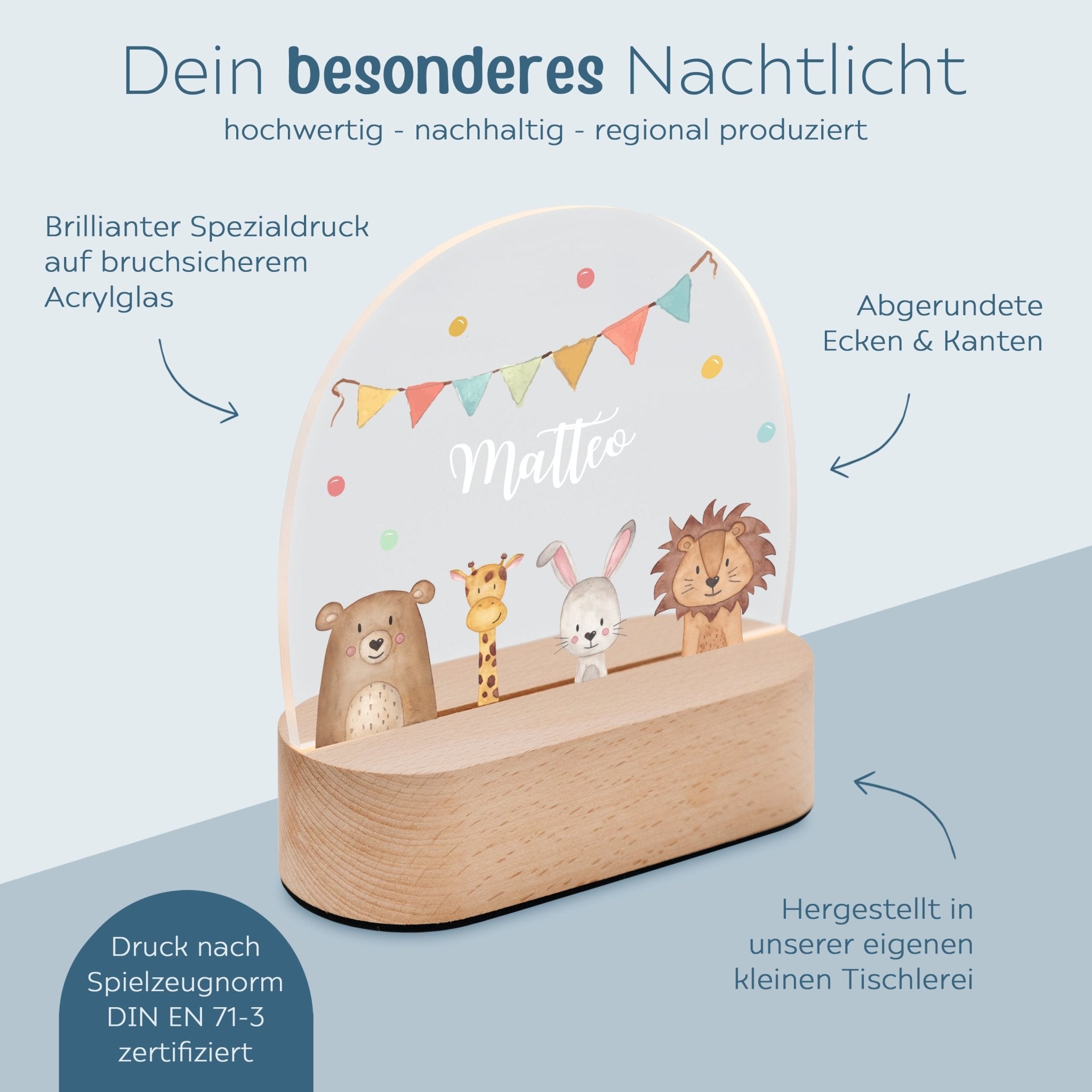 LED Nachtlicht Kinder personalisiert - Tiere unten Girlande Aquarell - wunderwunsch