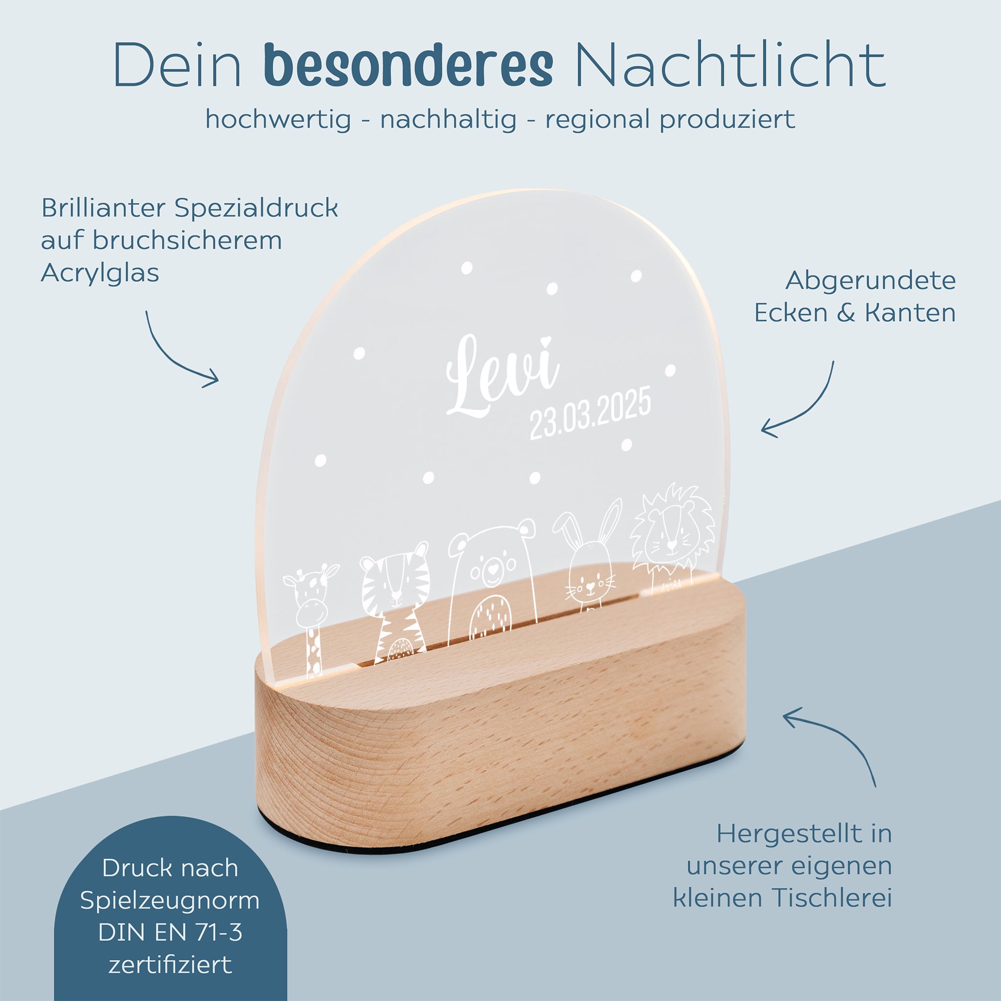 LED Nachtlicht Kinder personalisiert - Tiere unten weiß - wunderwunsch