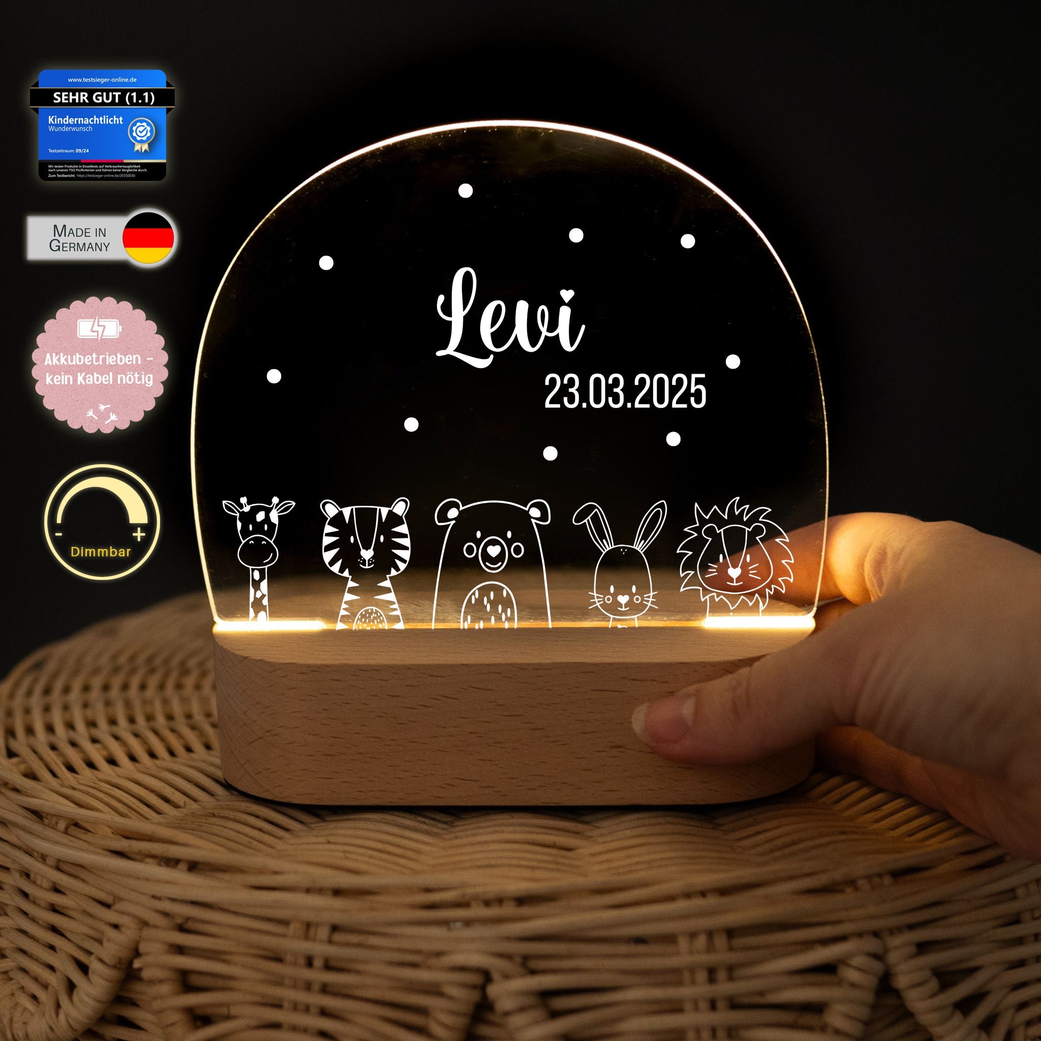 LED Nachtlicht Kinder personalisiert - Tiere unten weiß - wunderwunsch