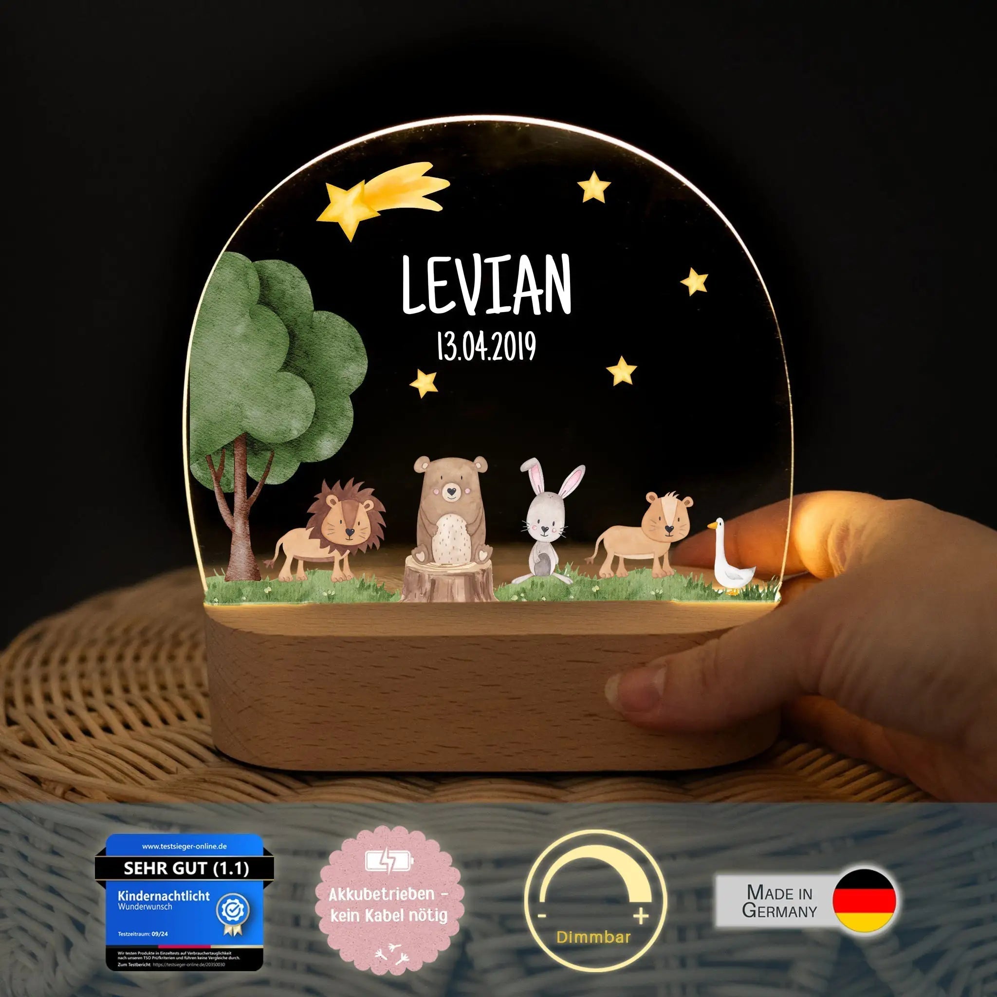 LED Nachtlicht Kinder personalisiert - Tiere unterm Sternenhimmel Aquarell - wunderwunsch