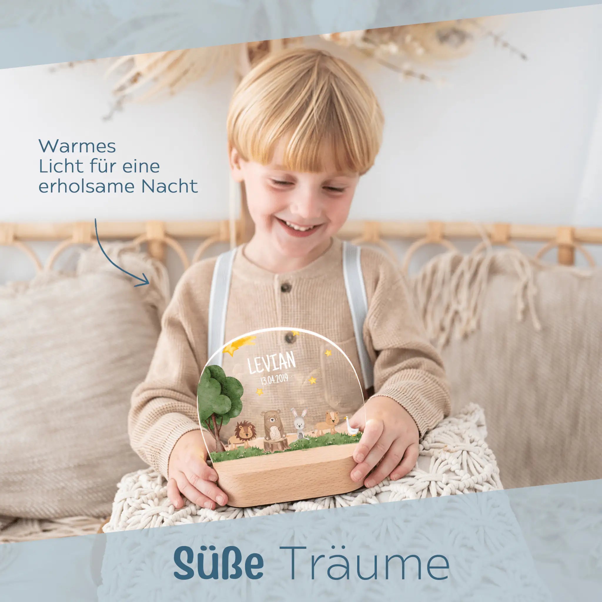 LED Nachtlicht Kinder personalisiert - Tiere unterm Sternenhimmel Aquarell - wunderwunsch