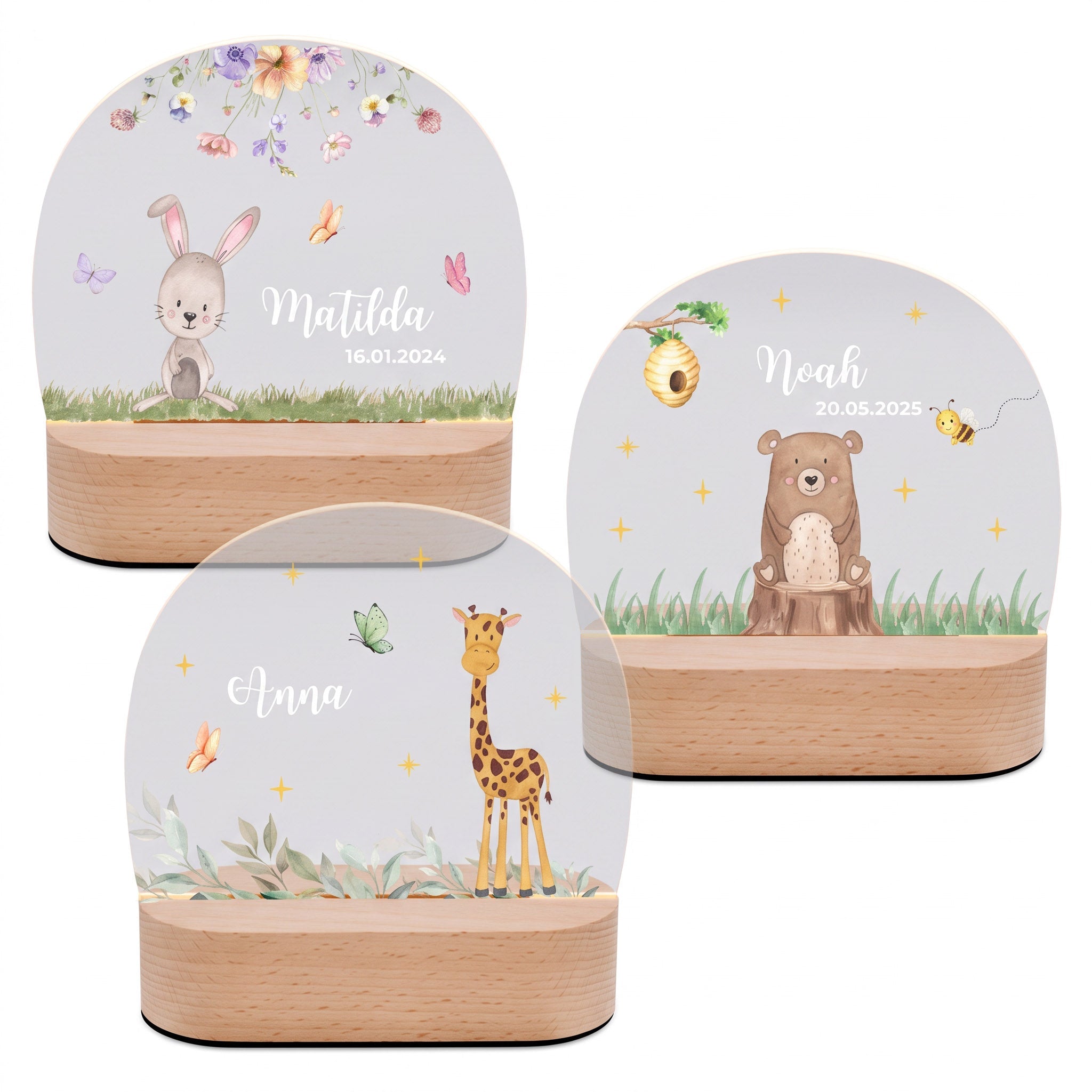 LED Nachtlicht Kinder personalisiert - Tierischer Gartenzauber Aquarell - wunderwunsch