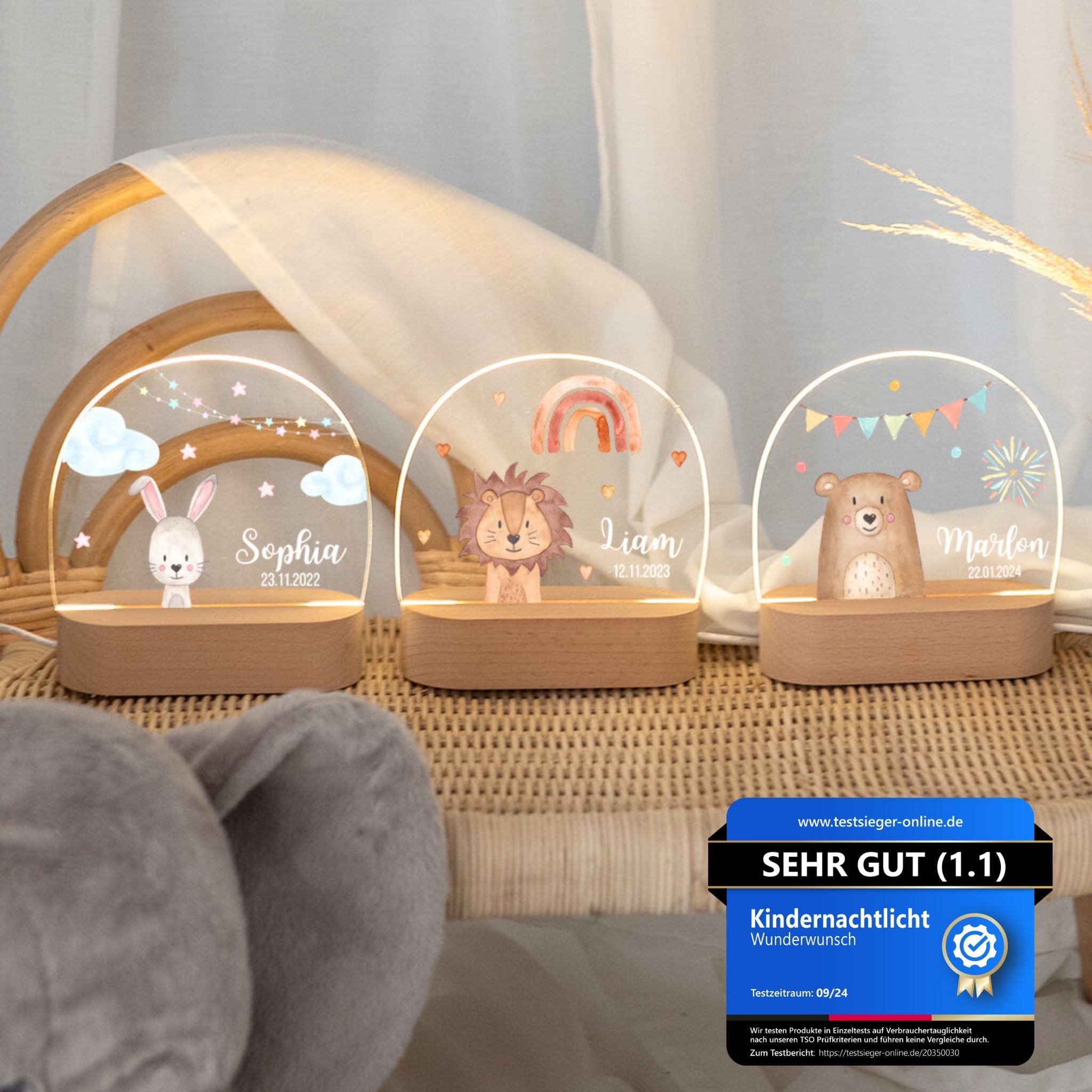 LED Nachtlicht Kinder personalisiert - Traumhafte Tierfreunde Aquarell - wunderwunsch