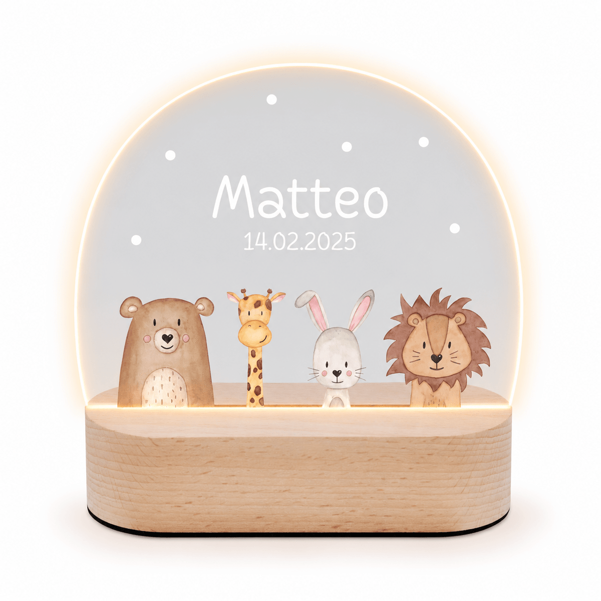 LED Nachtlicht Kinder personalisiert - verschiedene Schriftarten - Tiere unten - wunderwunsch