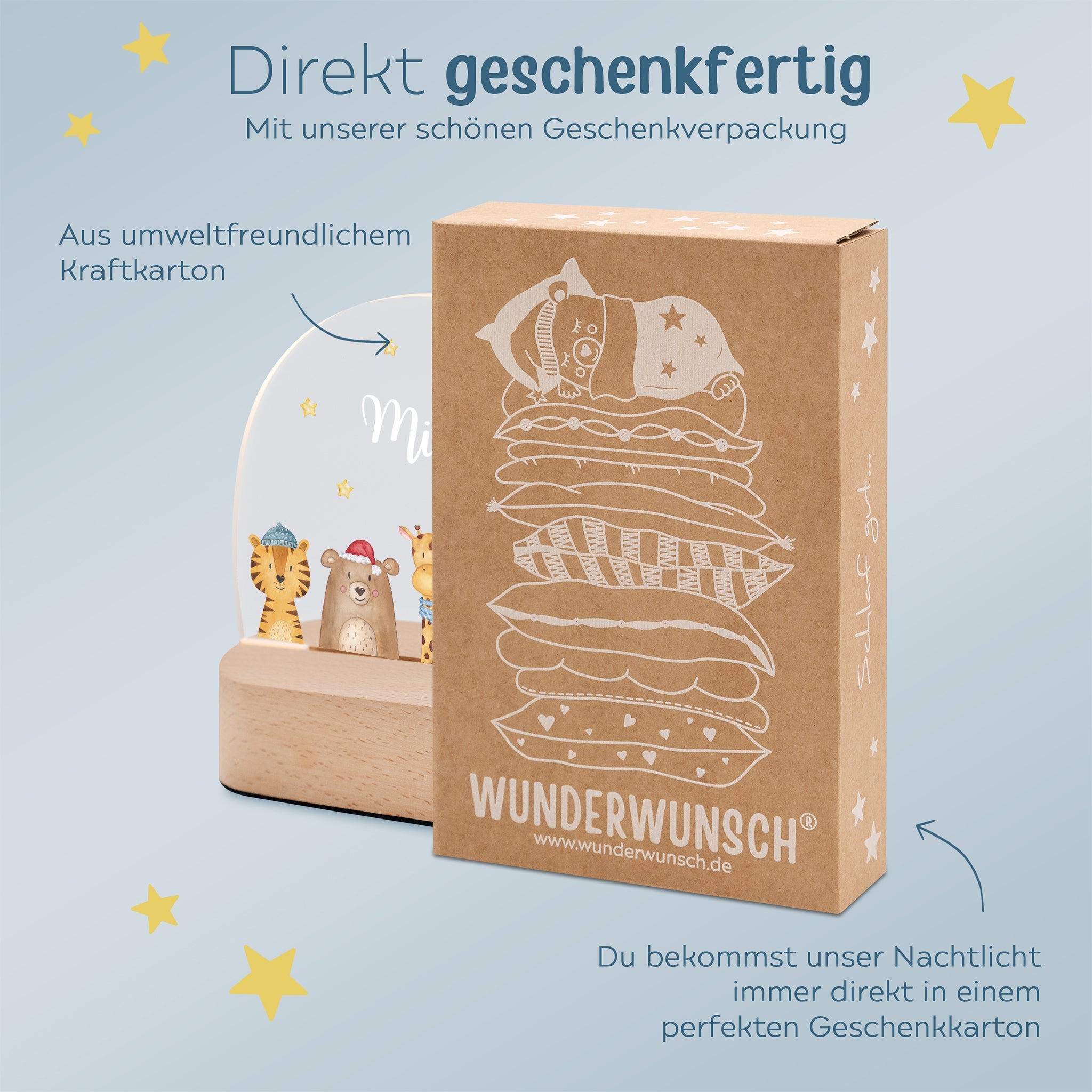 LED Nachtlicht Kinder personalisiert - Weihnachts - Tiere unten Sterne - wunderwunsch