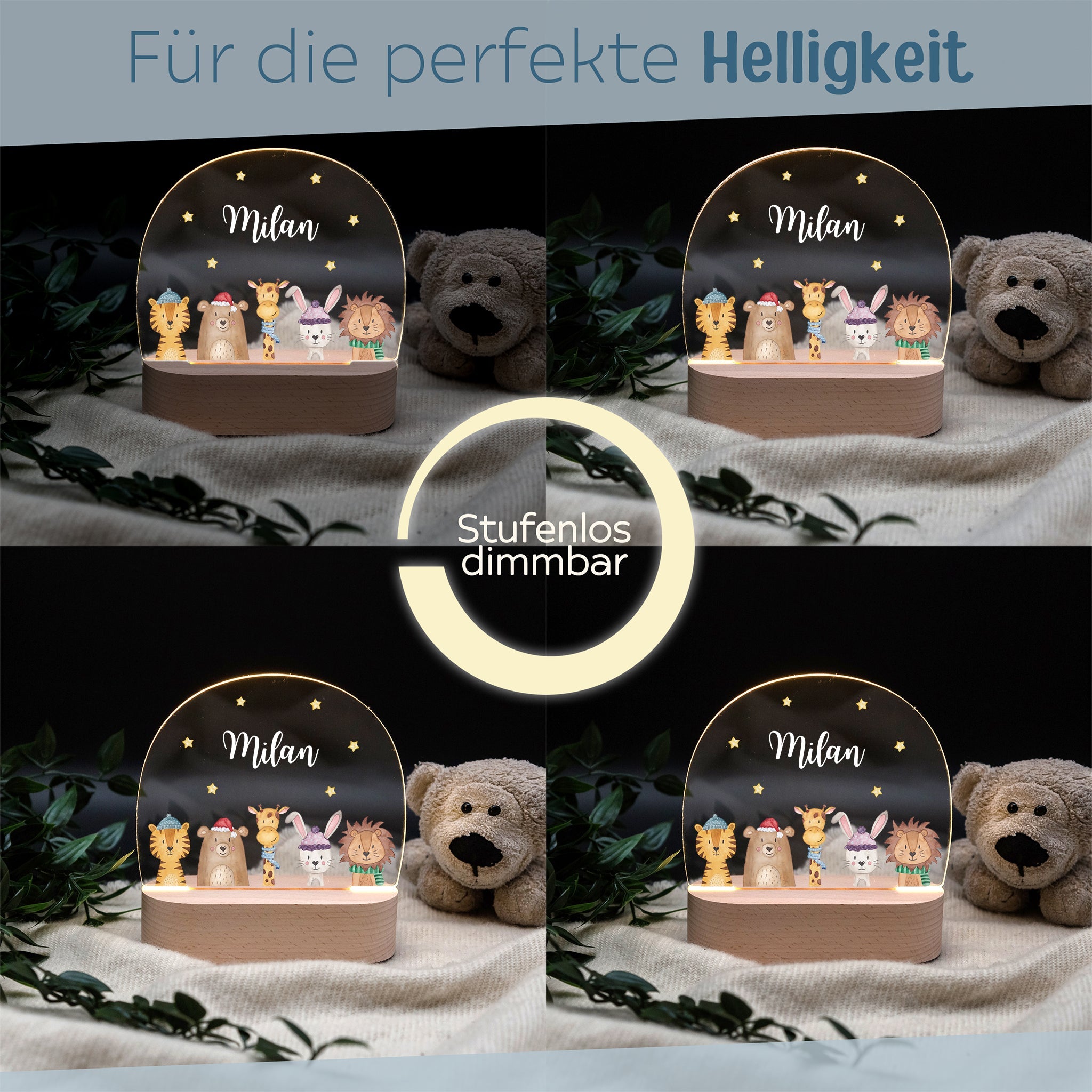 LED Nachtlicht Kinder personalisiert - Weihnachts - Tiere unten Sterne - wunderwunsch