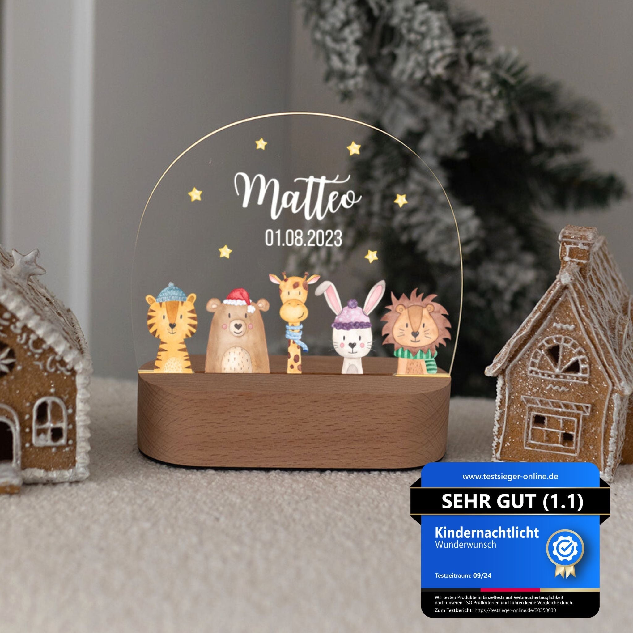LED Nachtlicht Kinder personalisiert - Weihnachts - Tiere unten Sterne - wunderwunsch