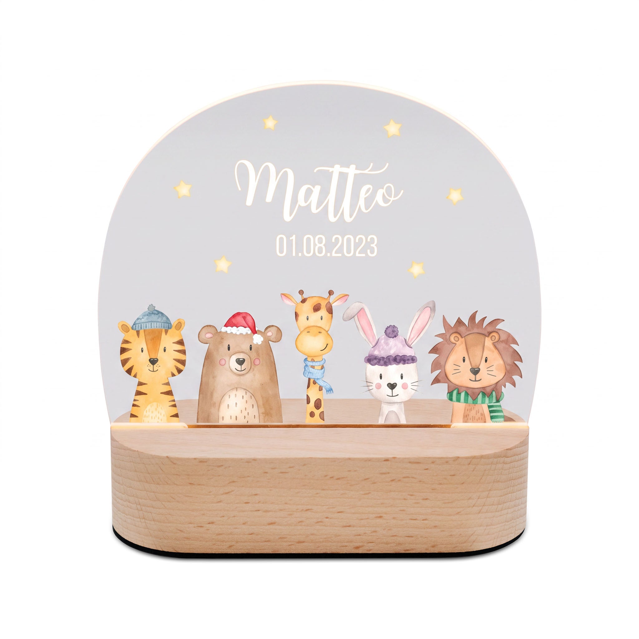 LED Nachtlicht Kinder personalisiert - Weihnachts-Tiere unten Sterne