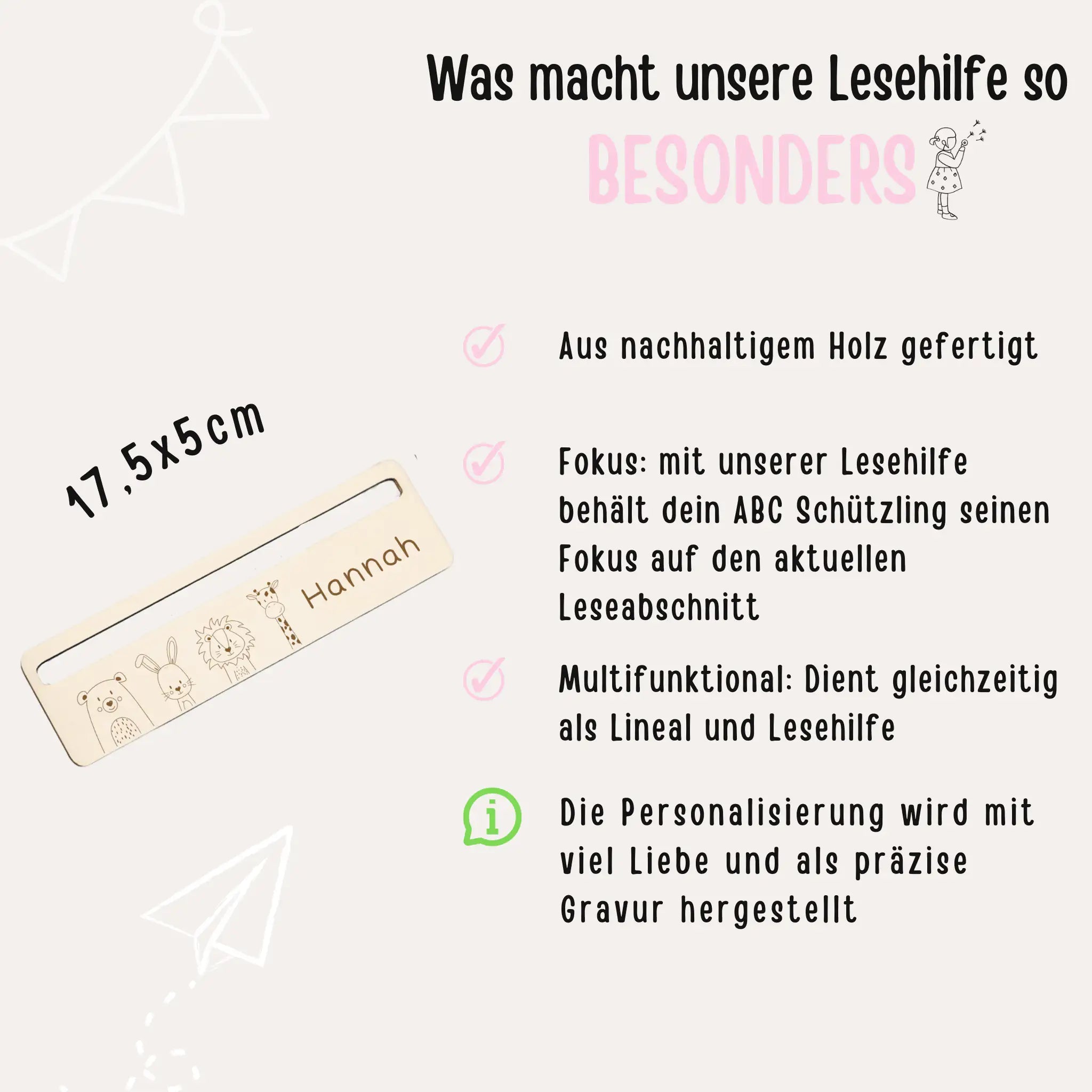 Lesehilfe personalisiert - Tiere unten Gravur - wunderwunsch