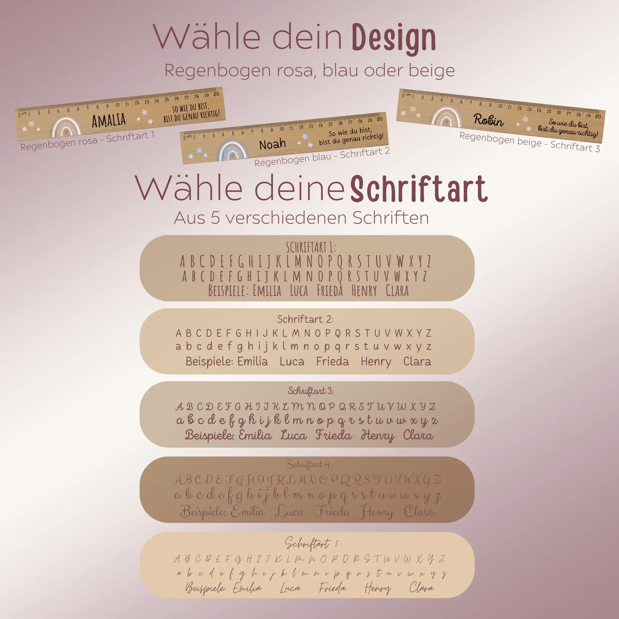 Lineal Holz 20 oder 30 cm personalisiert - Regenbogen Punkte Aquarell - wunderwunsch