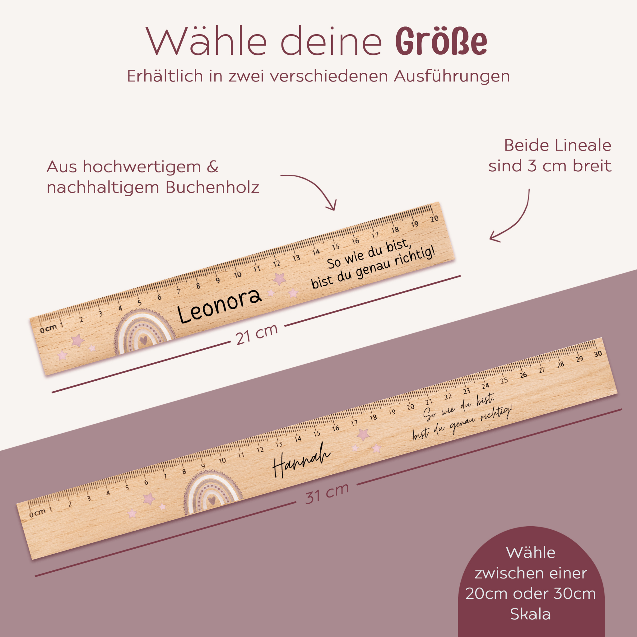 Lineal Holz 20 oder 30 cm personalisiert - Regenbogen Punkte Aquarell - wunderwunsch