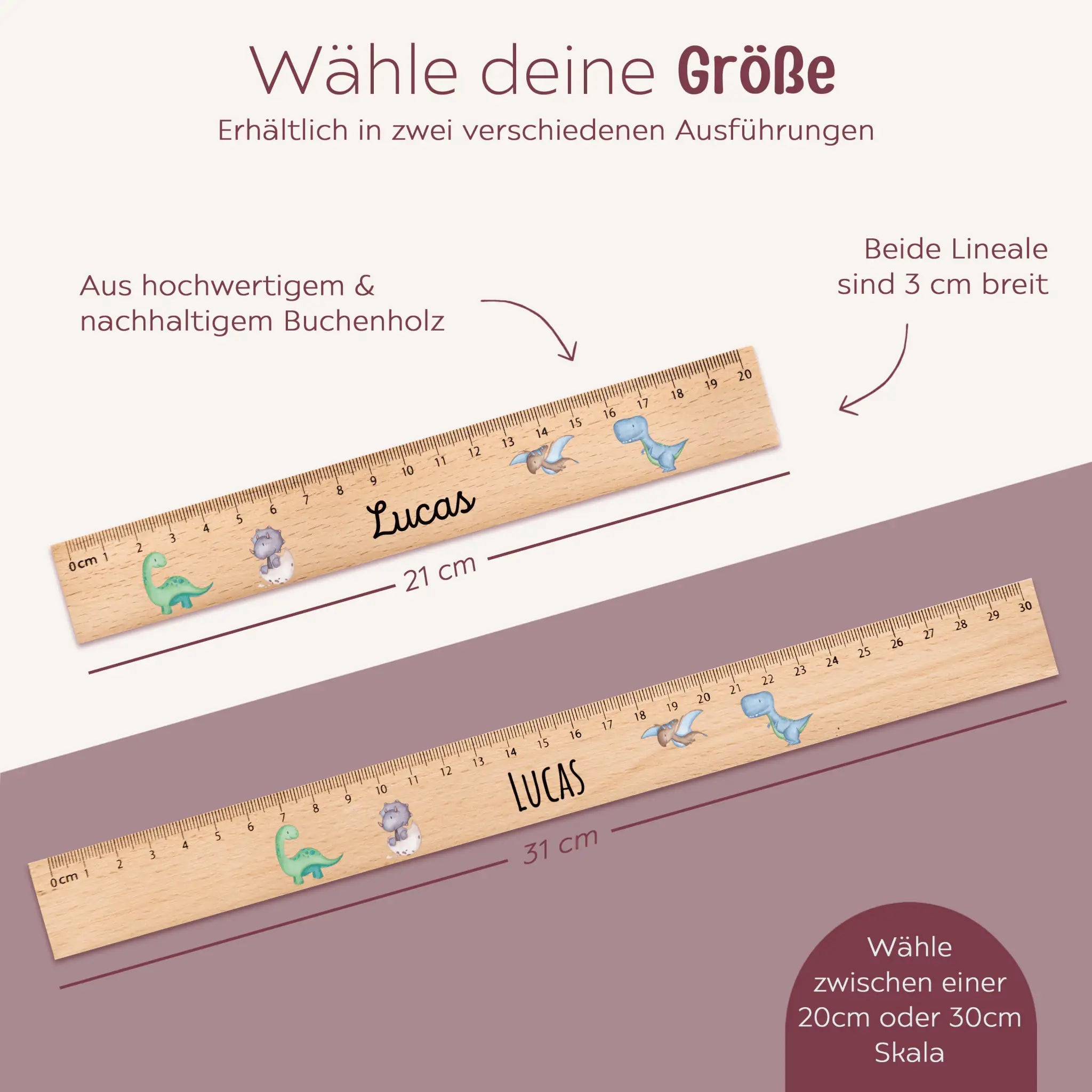 Lineal Holz 20 oder 30 cm personalisiert - Tiere oder Dinos Aquarell - wunderwunsch
