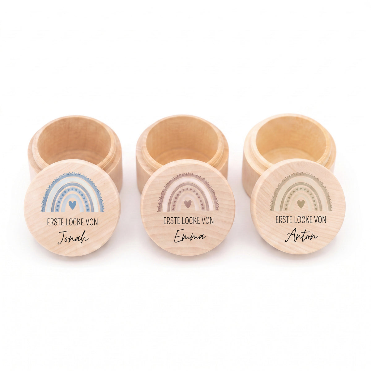 Lockendose Holz personalisiert - Regenbogen Punkte Aquarell