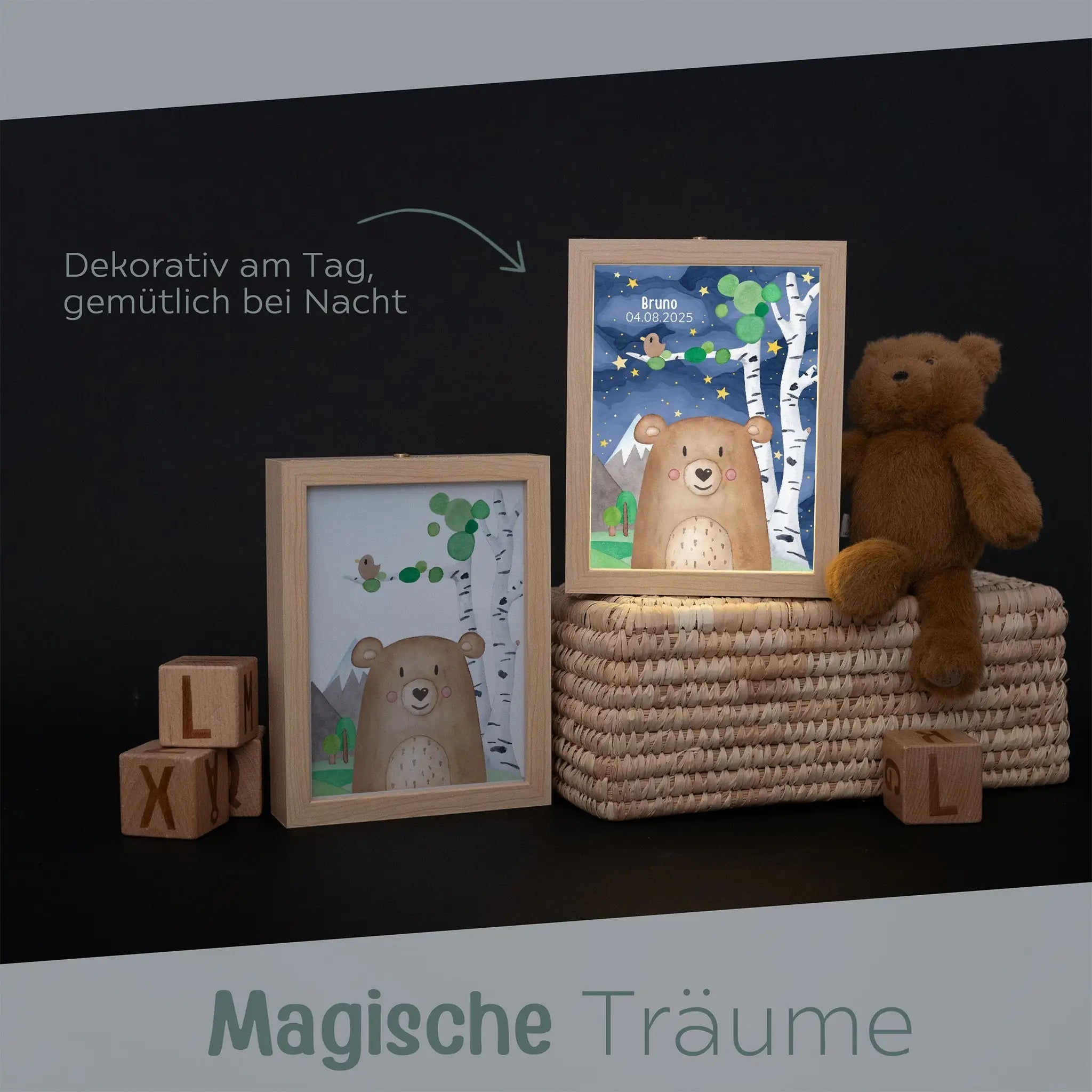 Magischer LED Bilderrahmen - Bär Birkenwald - wunderwunsch