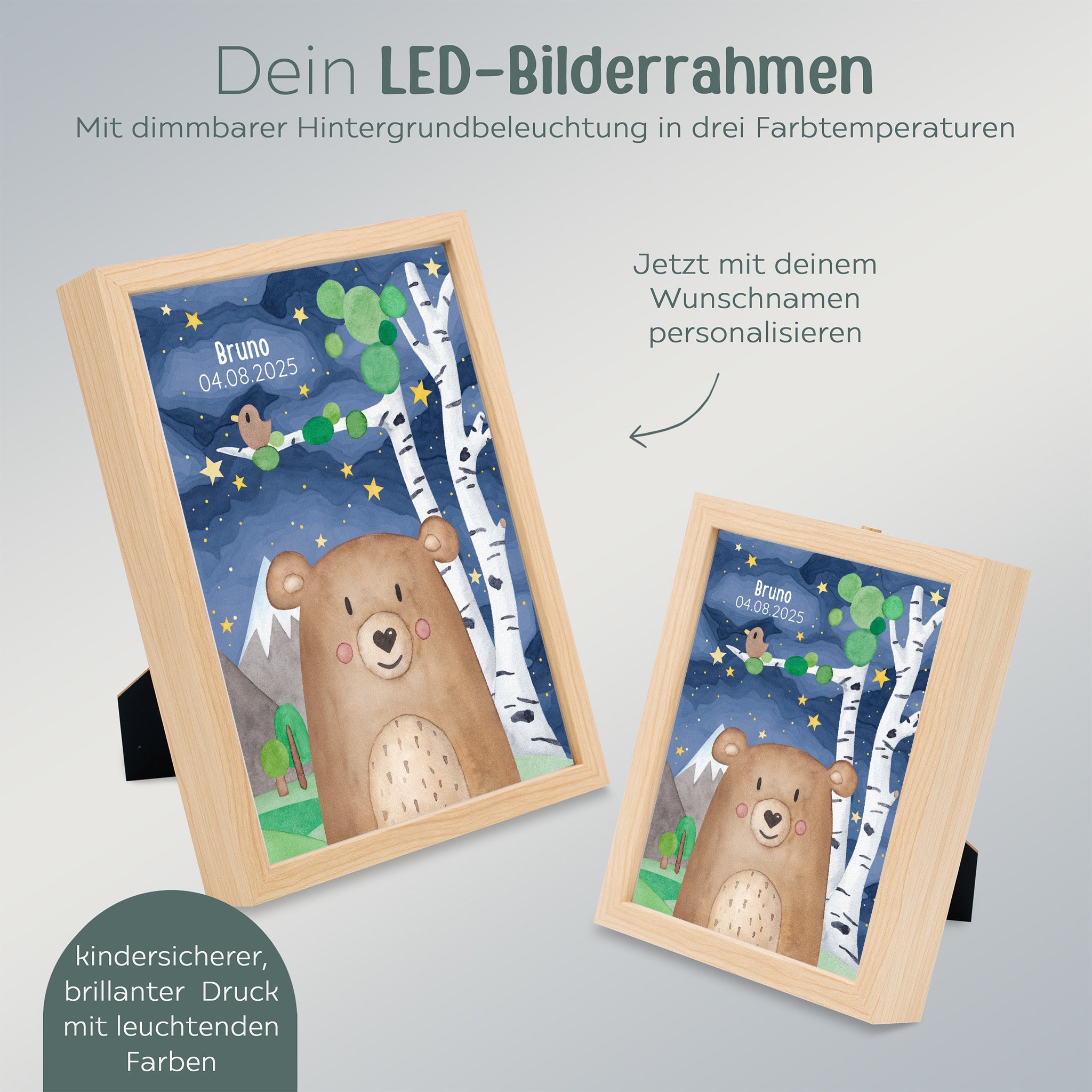 Magischer LED Bilderrahmen - Bär Birkenwald - wunderwunsch