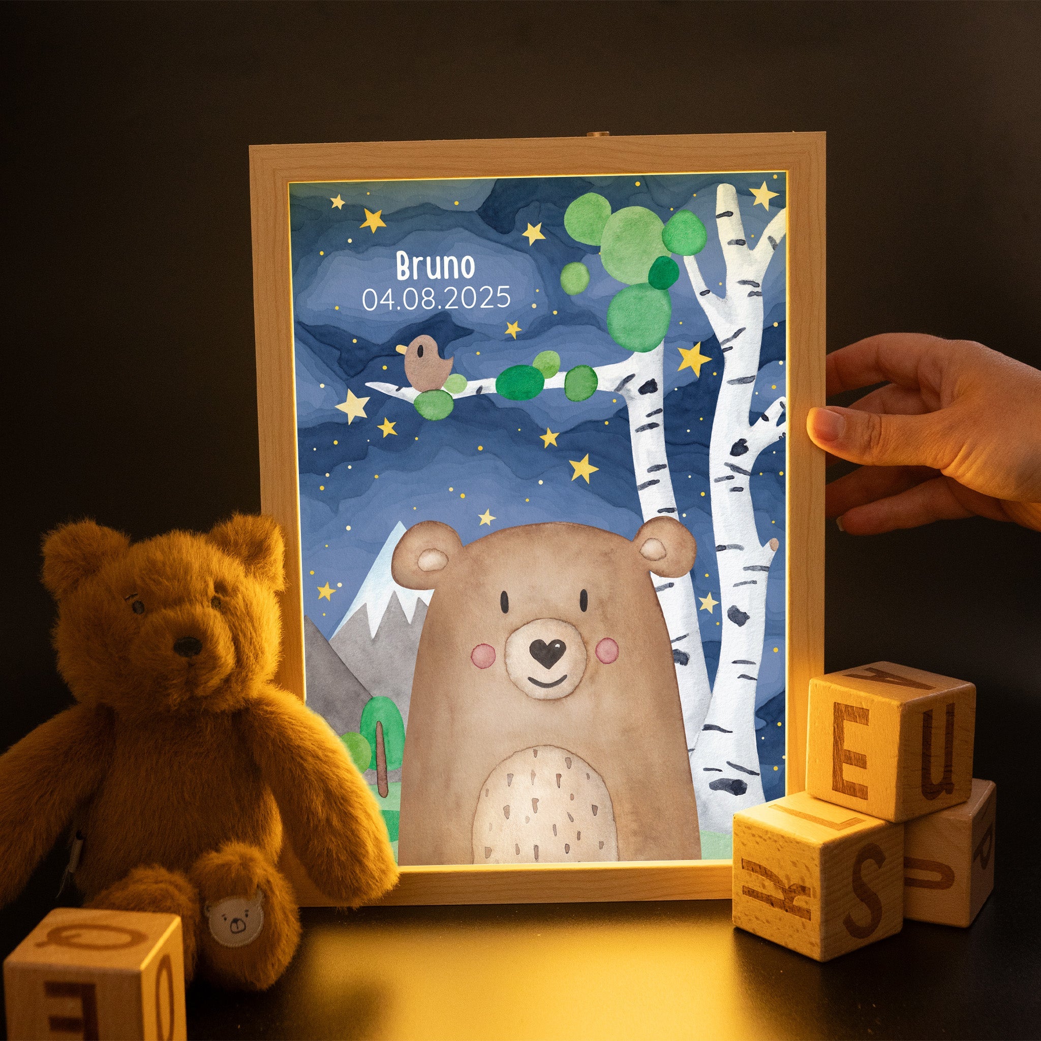 Magischer LED Bilderrahmen - Bär Birkenwald - wunderwunsch