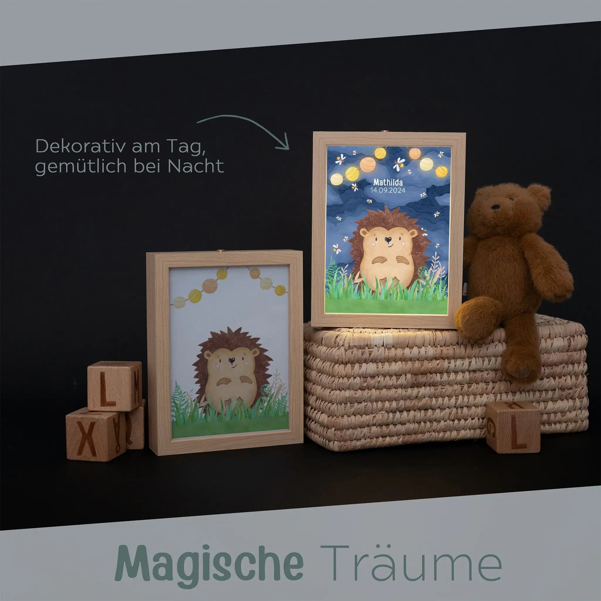 Magischer LED Bilderrahmen - Igel Glühwürmchen - wunderwunsch