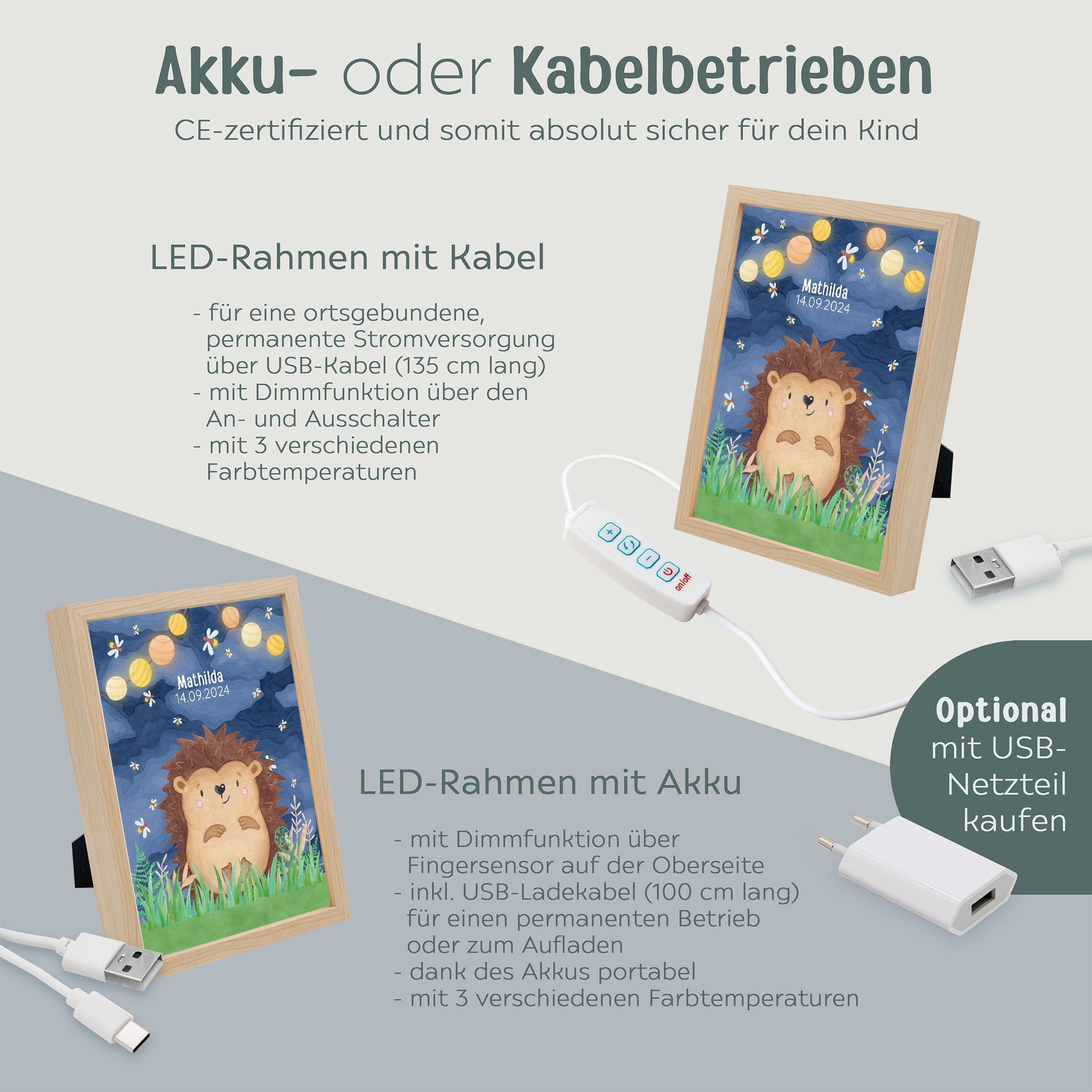 Magischer LED Bilderrahmen - Igel Glühwürmchen - wunderwunsch