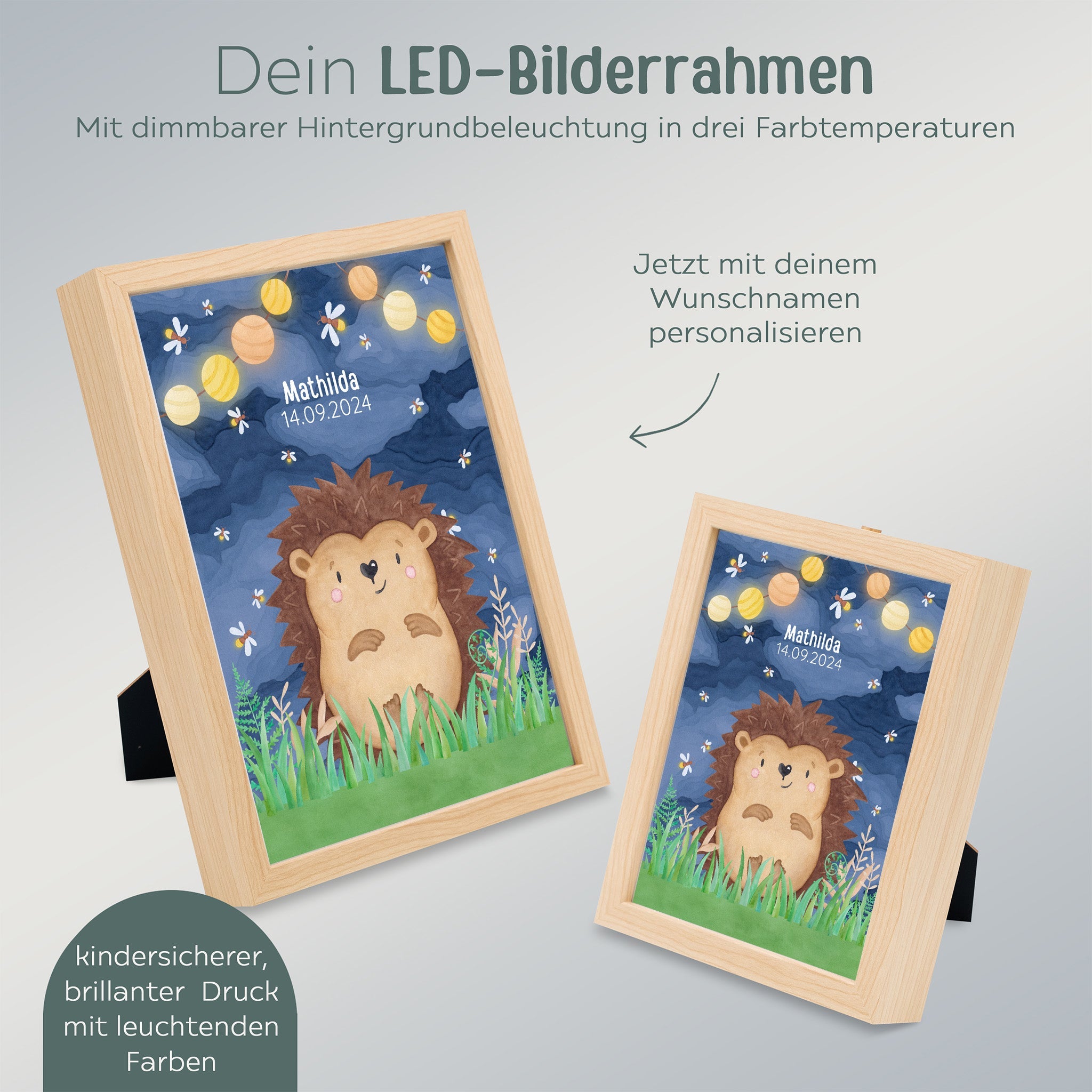 Magischer LED Bilderrahmen - Igel Glühwürmchen - wunderwunsch