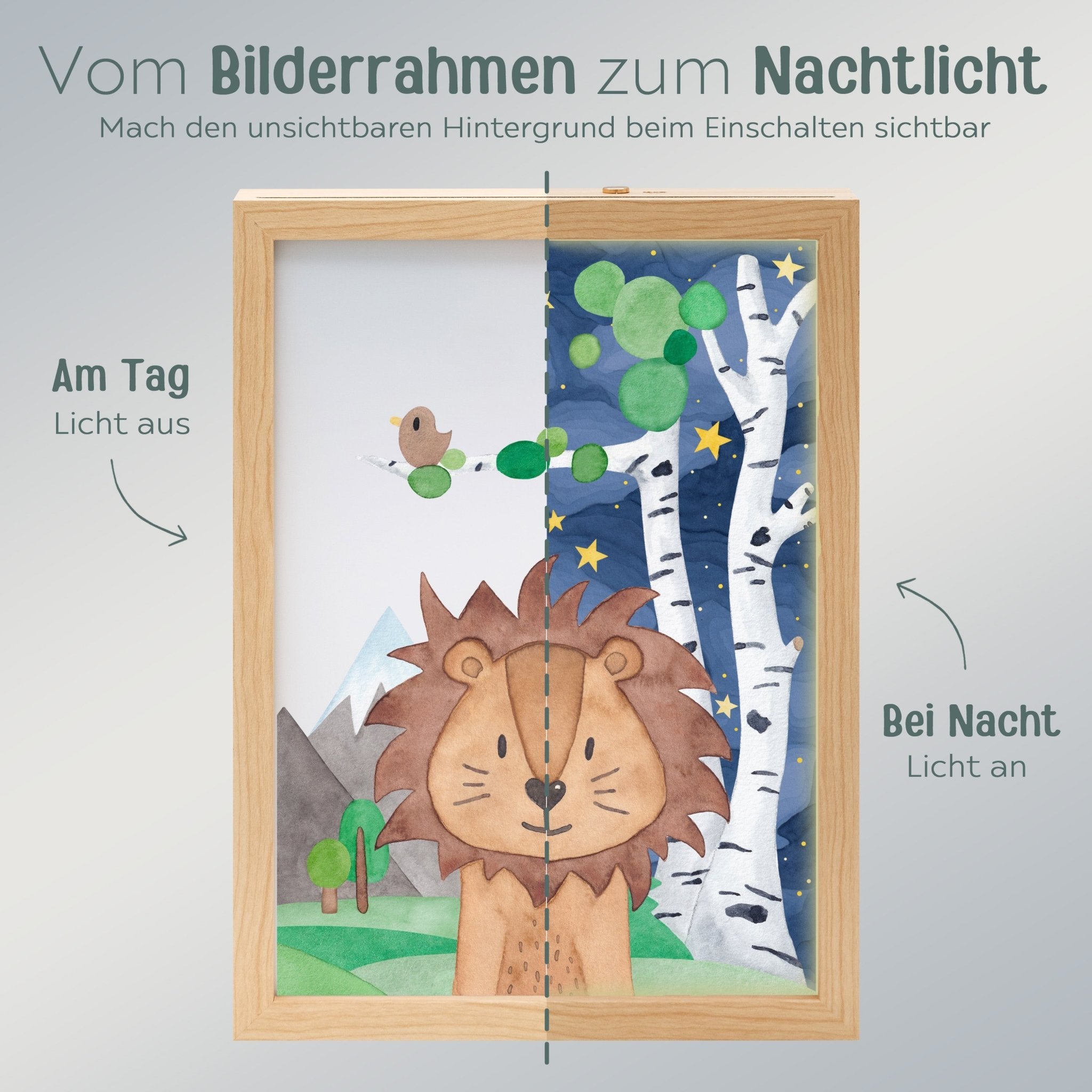 Magischer LED Bilderrahmen - Löwe Birkenwald - wunderwunsch