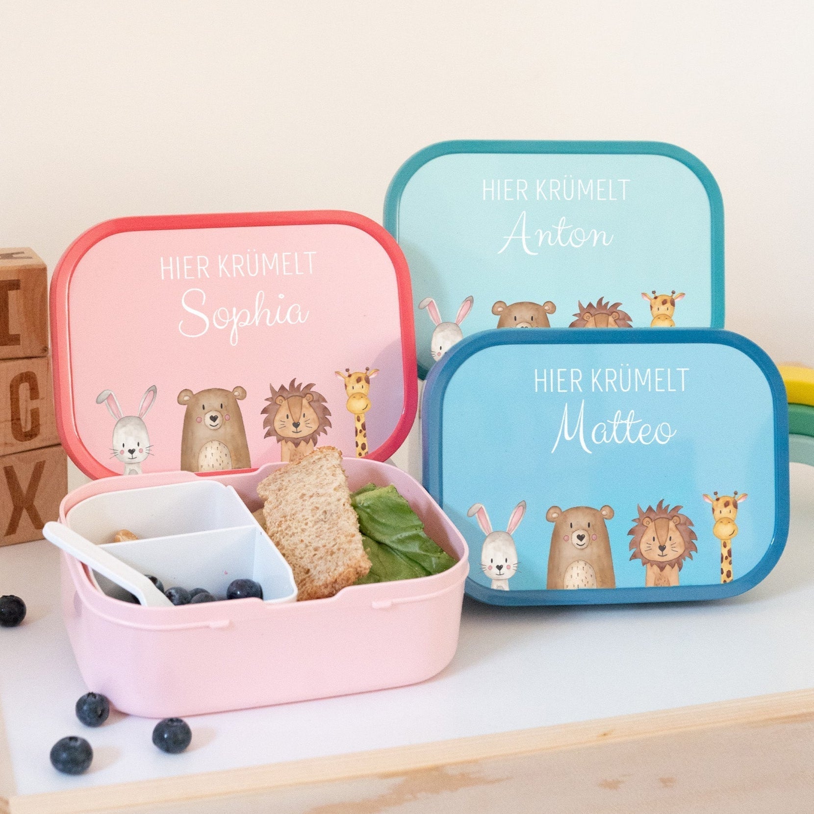 MEPAL Brotdose Campus personalisiert mit Bento Einsatz - Tiere unten Girlande Aquarell - wunderwunsch
